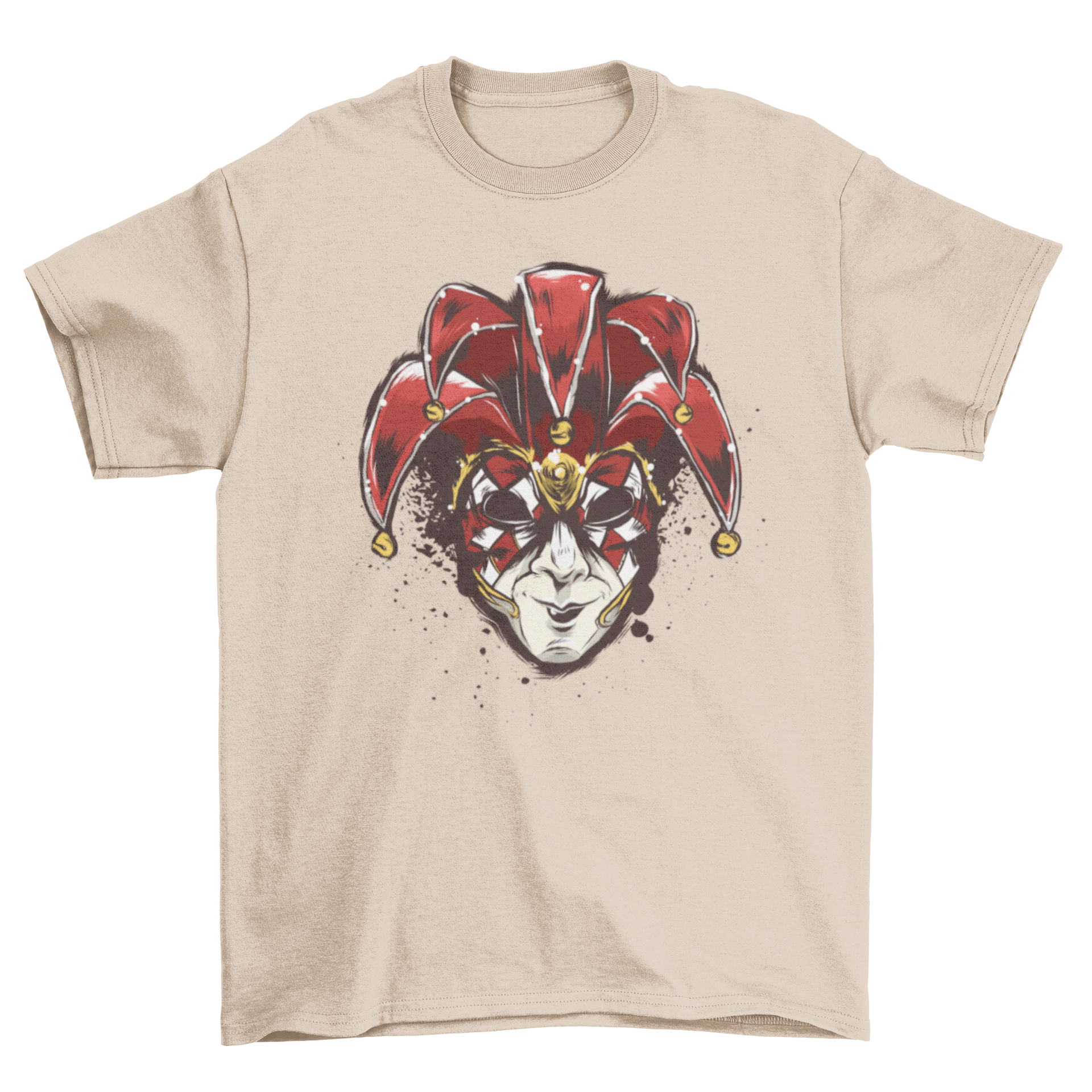 A vibrant red Venetian mask design on a stylish t-shirt, perfect for Mardi Gras celebrations.