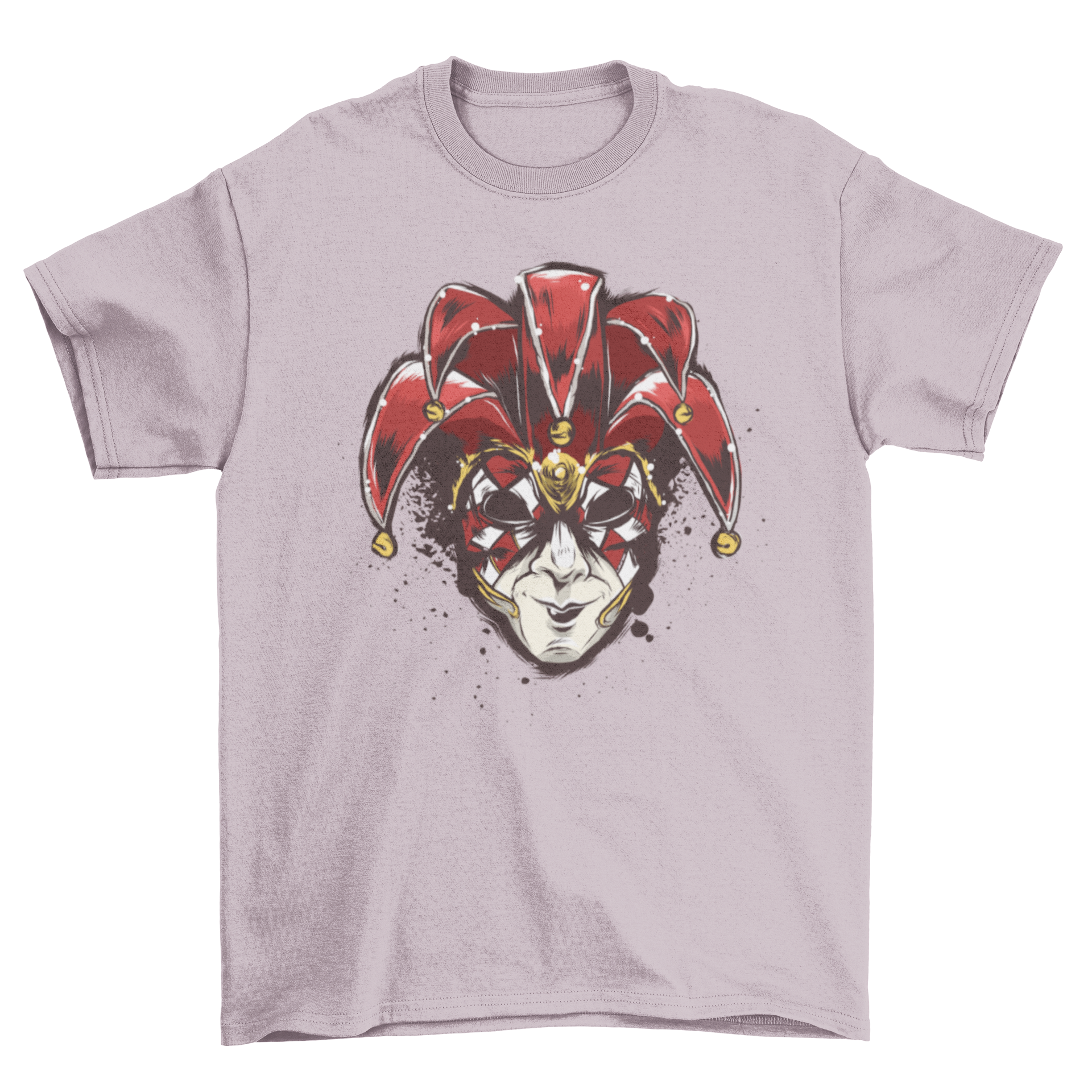 A vibrant red Venetian mask design on a stylish t-shirt, perfect for Mardi Gras celebrations.