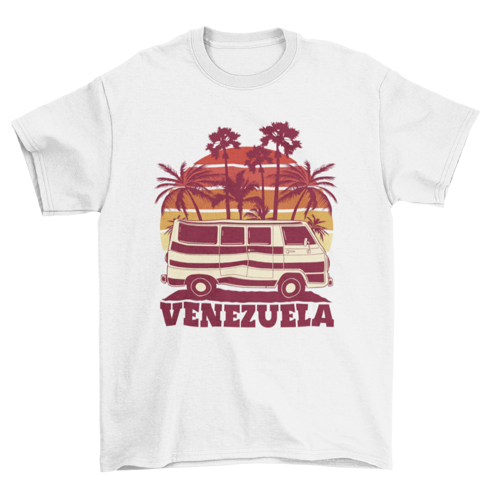 Venezuela van t-shirt featuring a colorful retro sunset design with a van illustration.