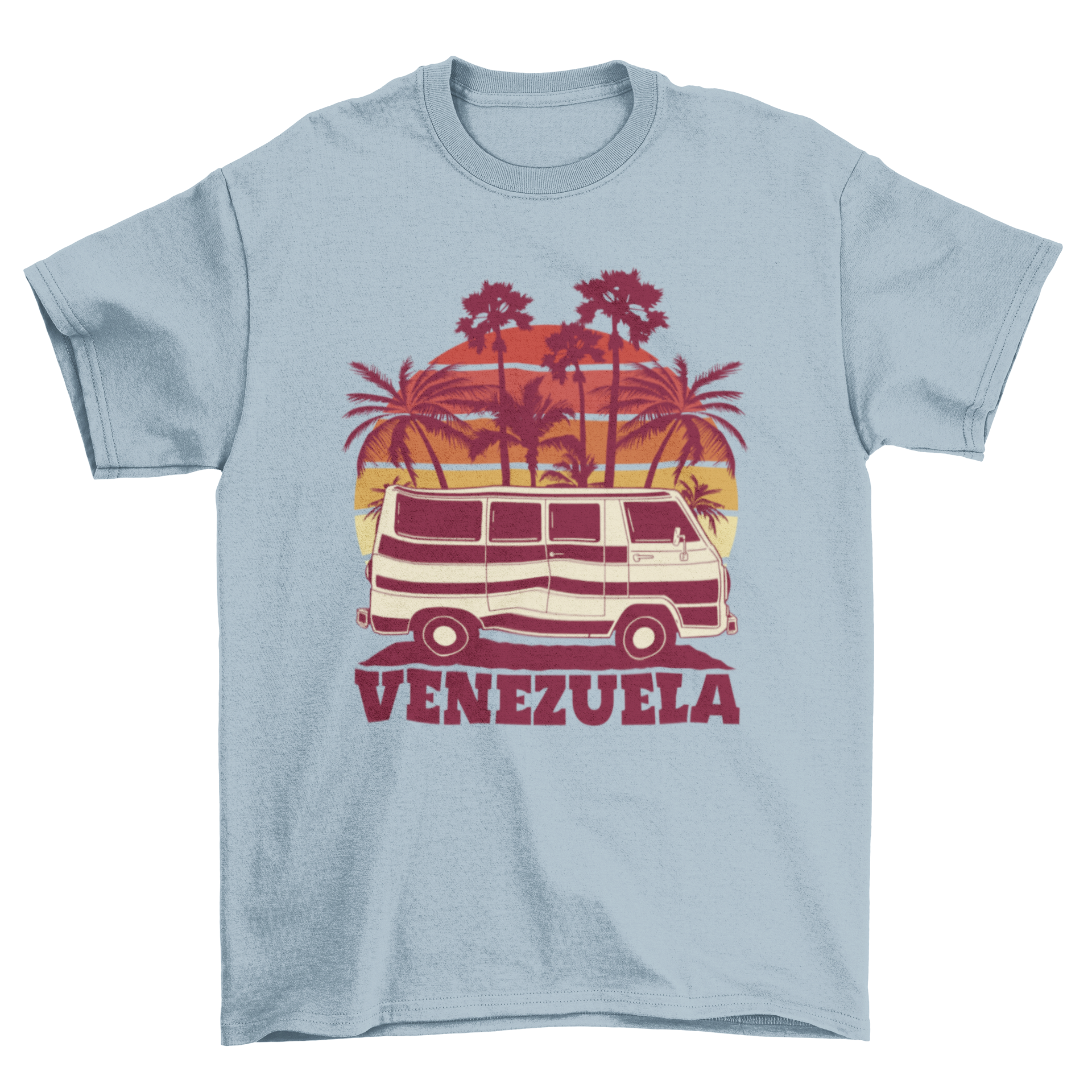 Venezuela van t-shirt featuring a colorful retro sunset design with a van illustration.