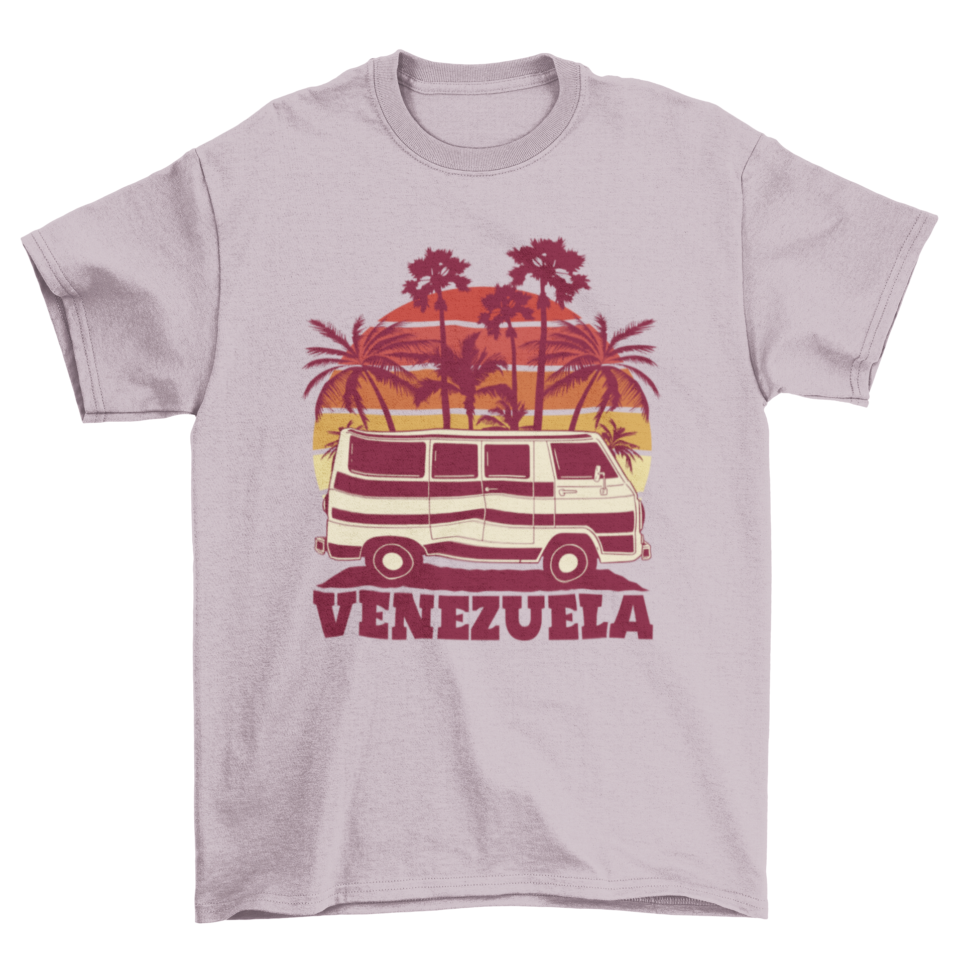 Venezuela van t-shirt featuring a colorful retro sunset design with a van illustration.