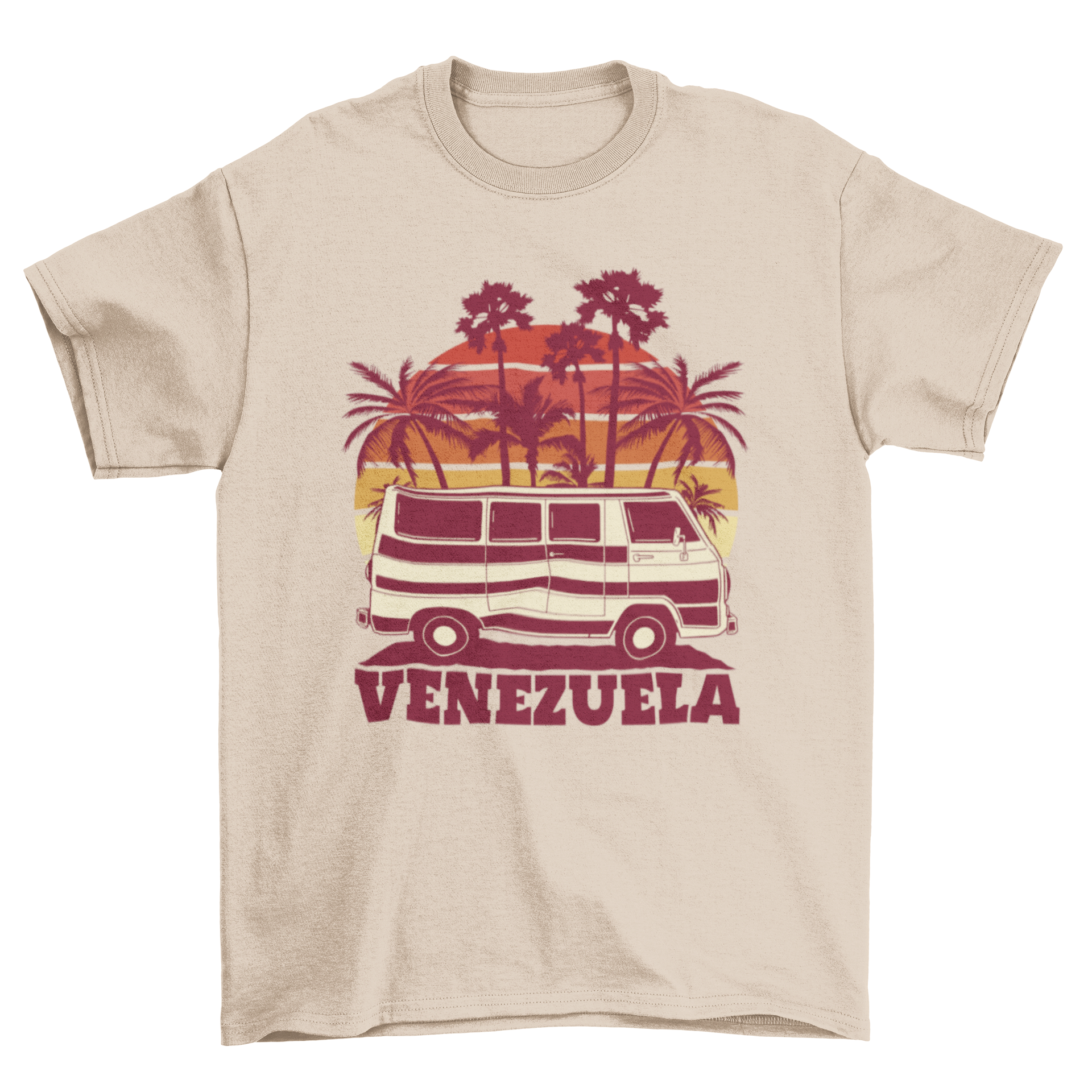 Venezuela van t-shirt featuring a colorful retro sunset design with a van illustration.