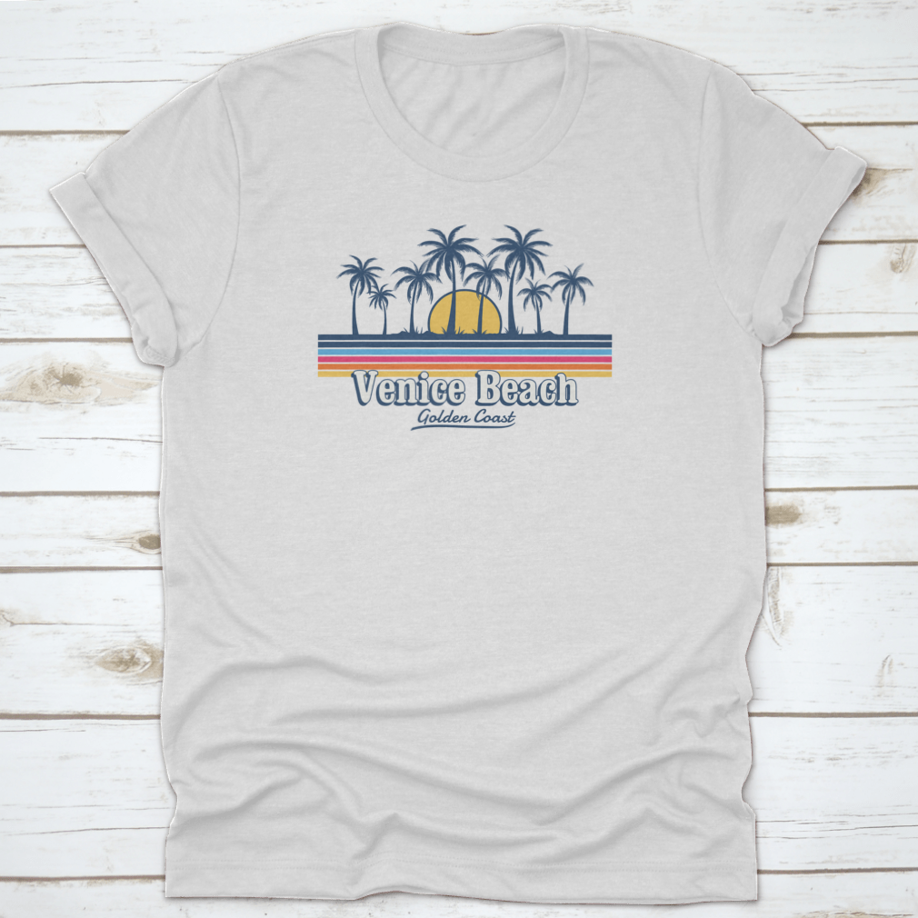 Venice Tropical Beach design featuring palm trees, sun, and waves in a stylish line art format.