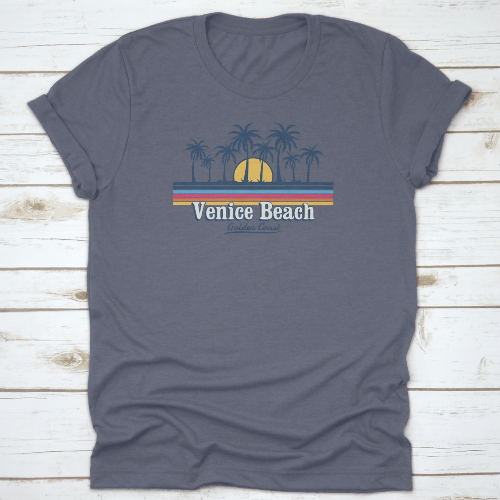 Venice Tropical Beach design featuring palm trees, sun, and waves in a stylish line art format.