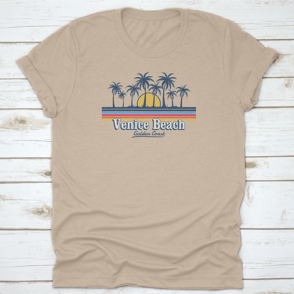 Venice Tropical Beach design featuring palm trees, sun, and waves in a stylish line art format.