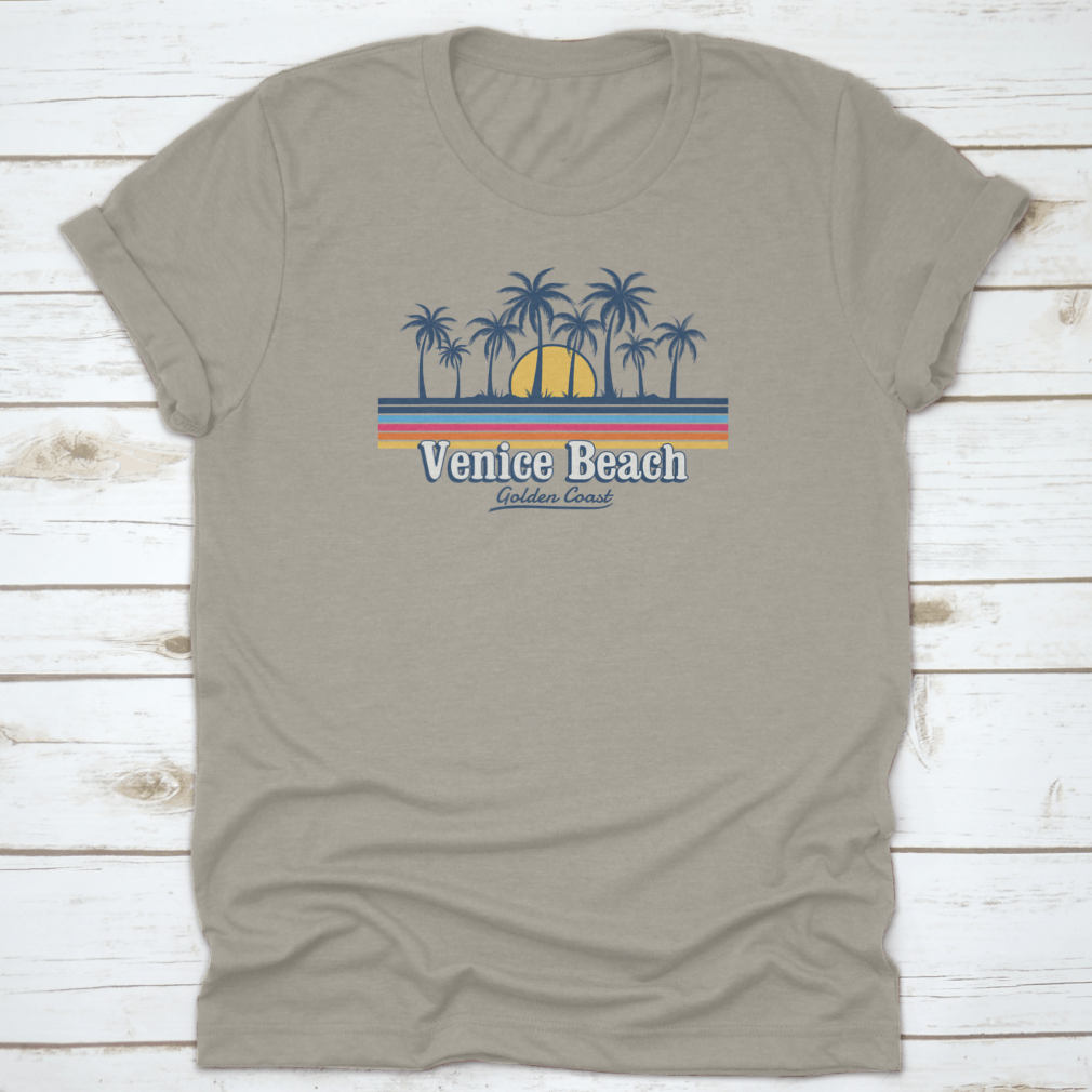 Venice Tropical Beach design featuring palm trees, sun, and waves in a stylish line art format.