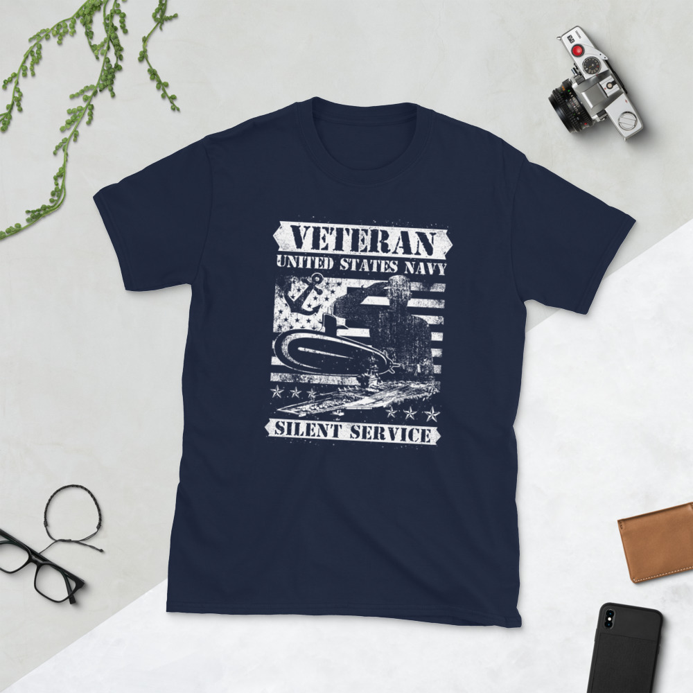 Veteran Silent Service Shirt featuring a classic fit and Gildan branding, made from 100% preshrunk cotton.