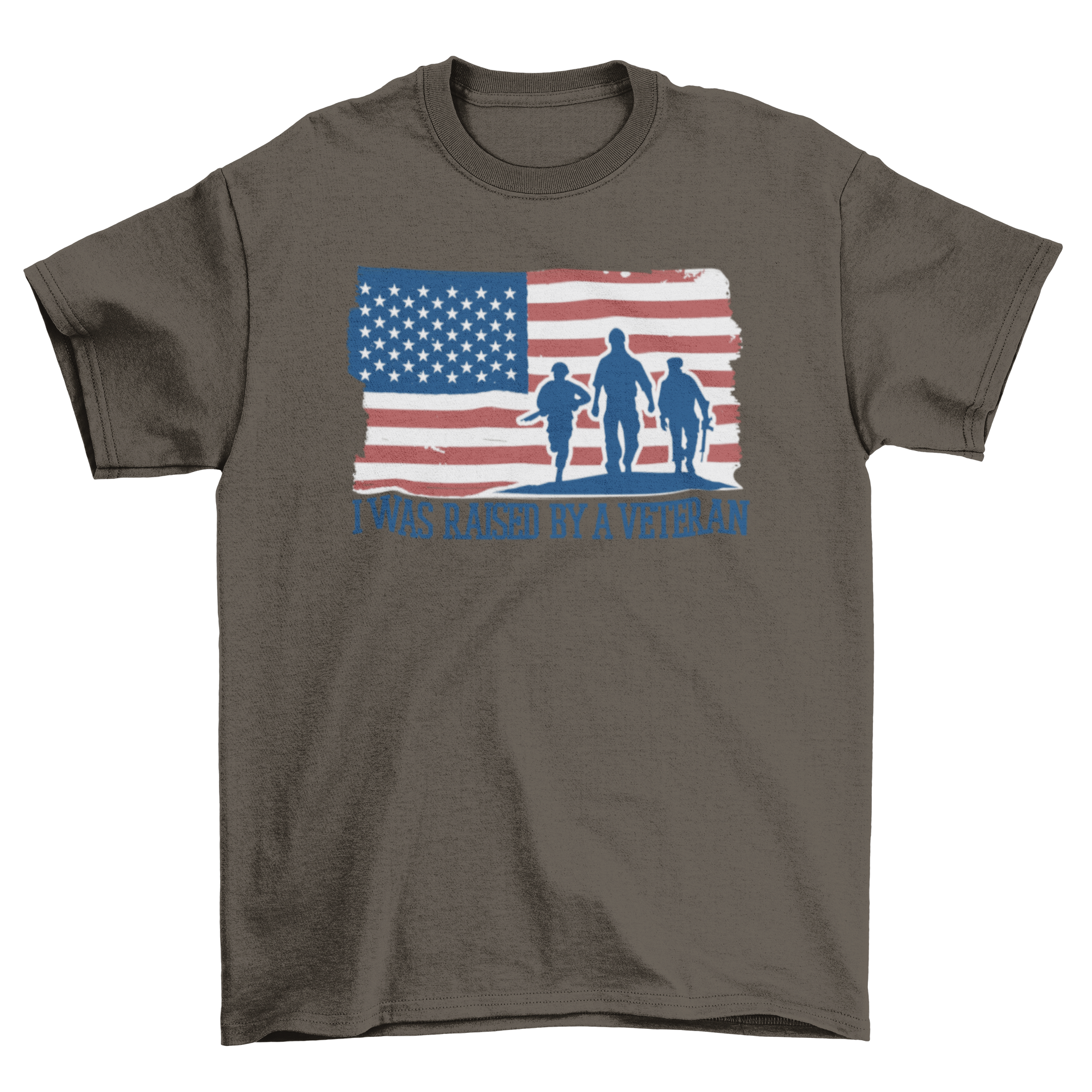 A stylish t-shirt featuring the U.S. flag and the quote 'I was raised by a veteran', symbolizing pride and respect for veterans.