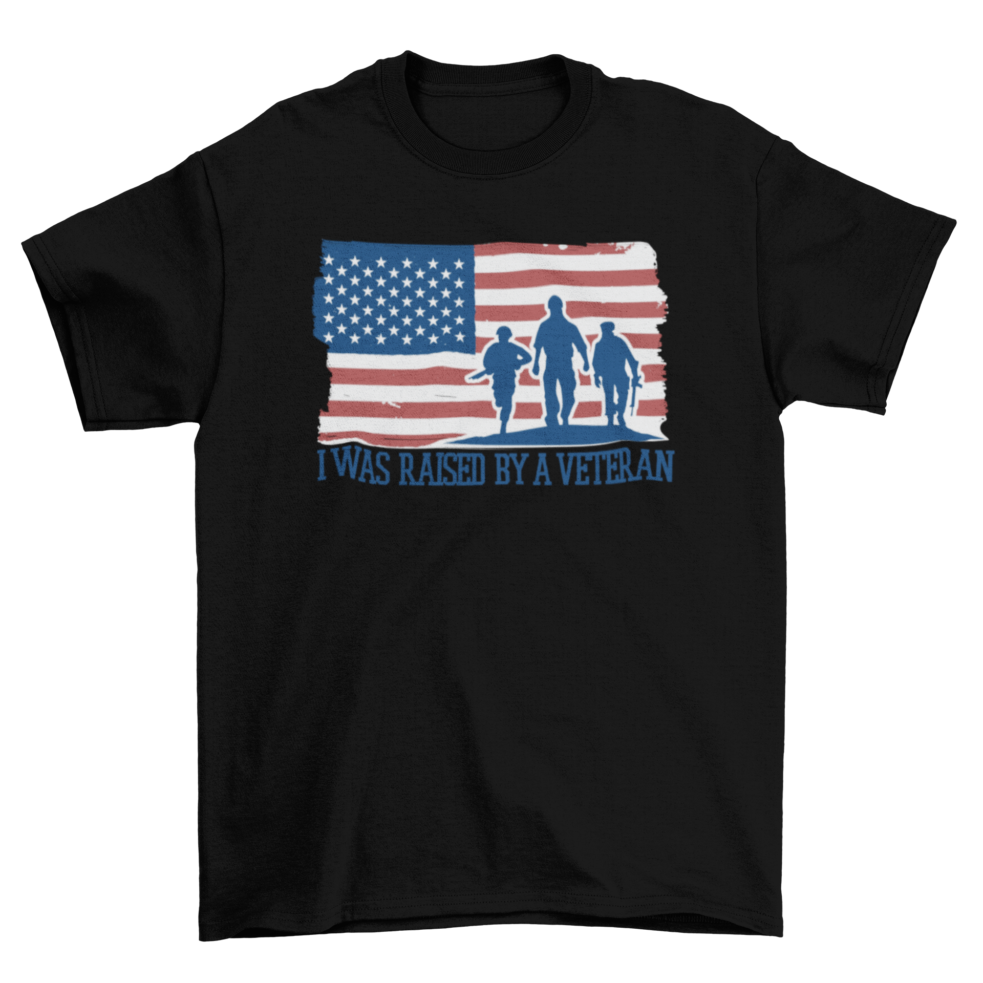 A stylish t-shirt featuring the U.S. flag and the quote 'I was raised by a veteran', symbolizing pride and respect for veterans.