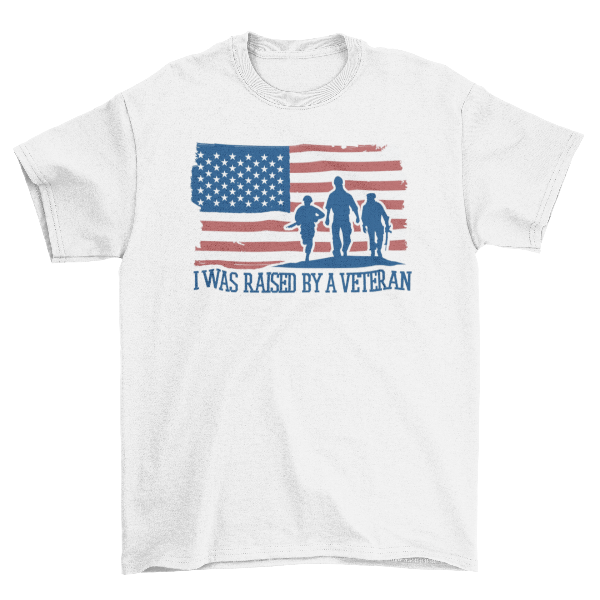 A stylish t-shirt featuring the U.S. flag and the quote 'I was raised by a veteran', symbolizing pride and respect for veterans.