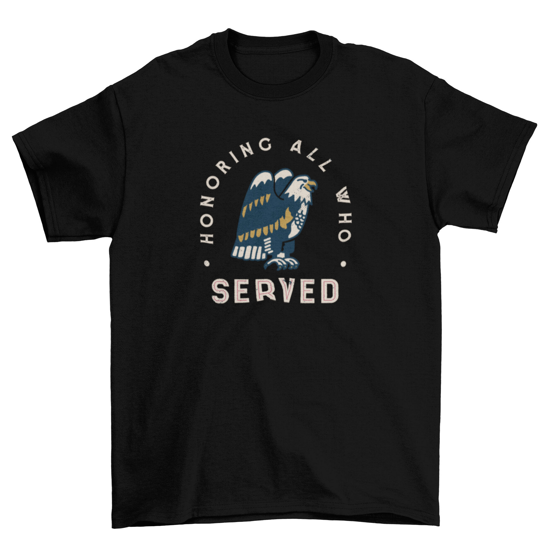 Veterans Day Eagle T-shirt featuring an eagle design and the quote 'Honoring all who served'.