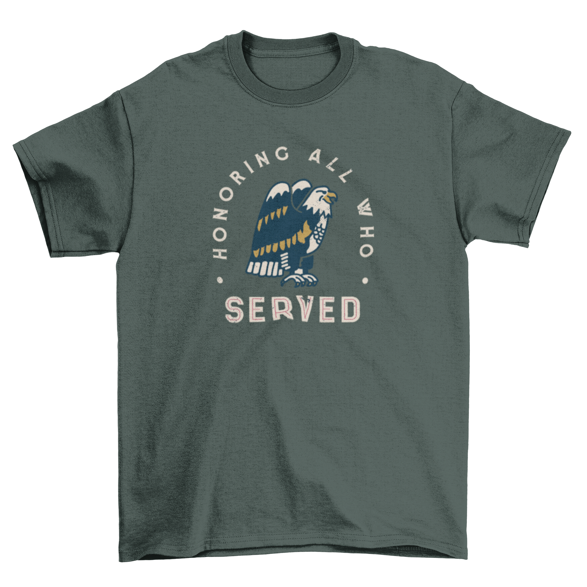 Veterans Day Eagle T-shirt featuring an eagle design and the quote 'Honoring all who served'.