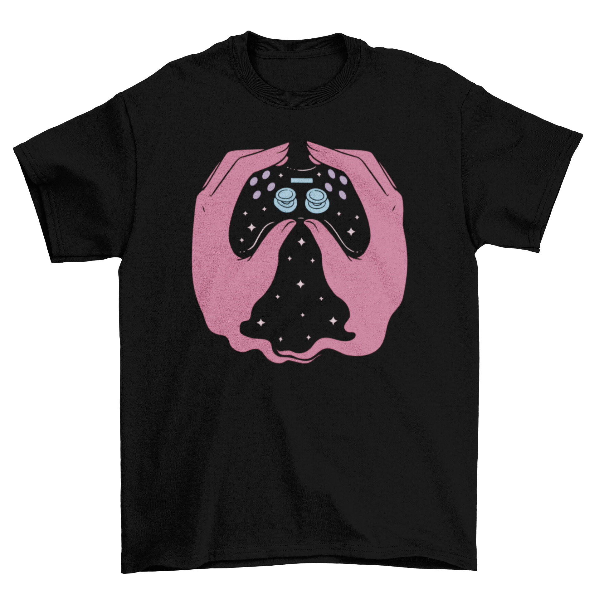 A stylish t-shirt featuring hands holding a videogame controller, perfect for gamers.