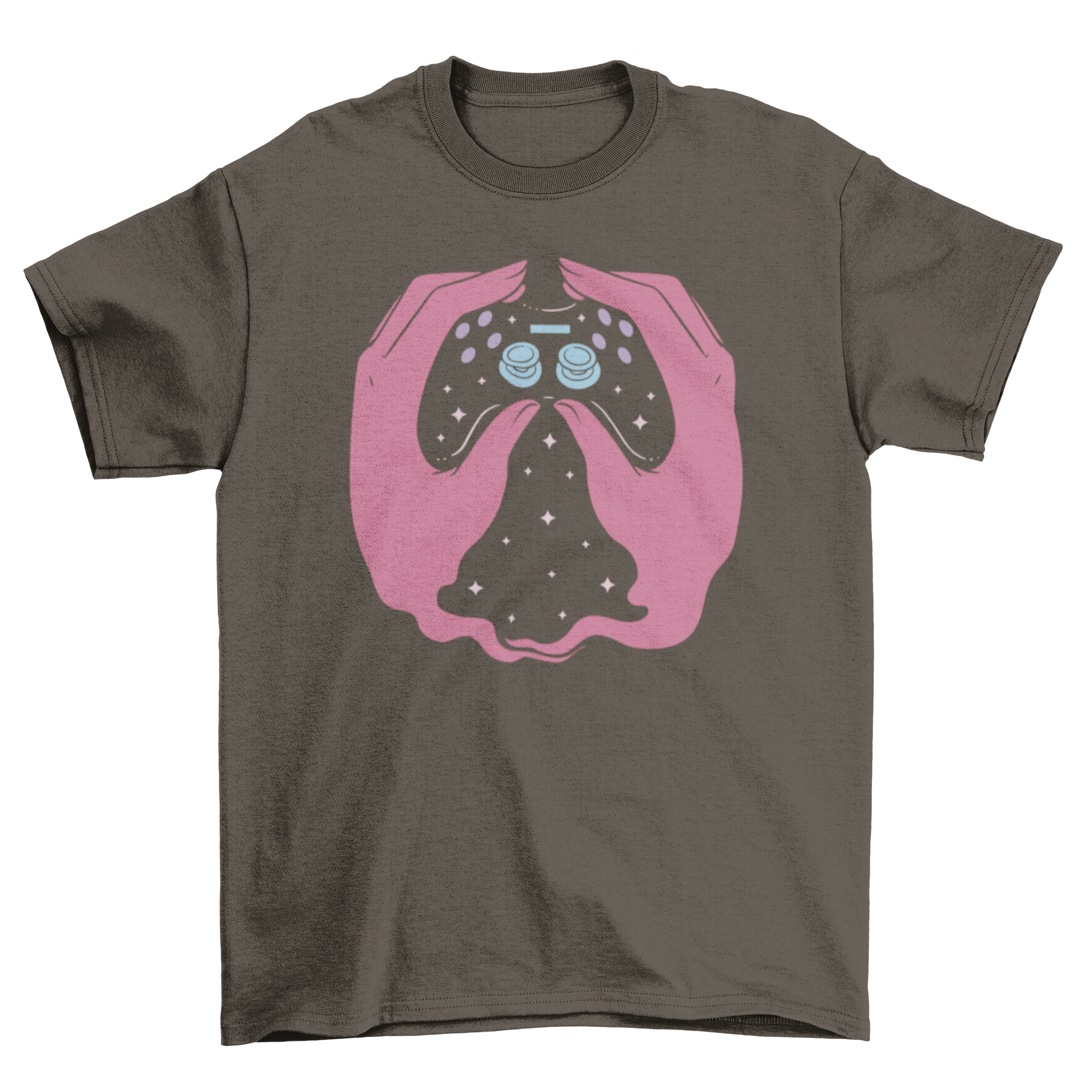 A stylish t-shirt featuring hands holding a videogame controller, perfect for gamers.