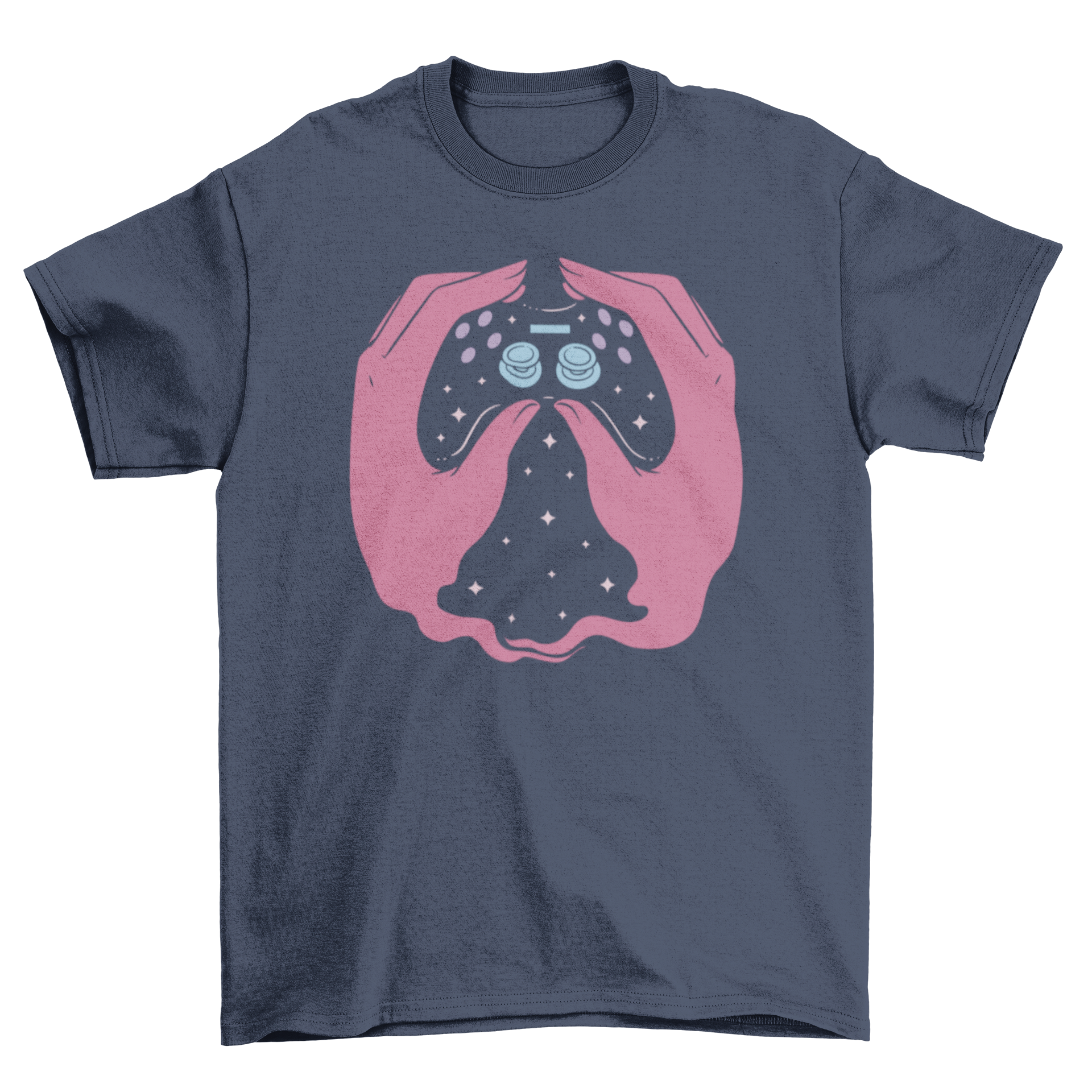 A stylish t-shirt featuring hands holding a videogame controller, perfect for gamers.