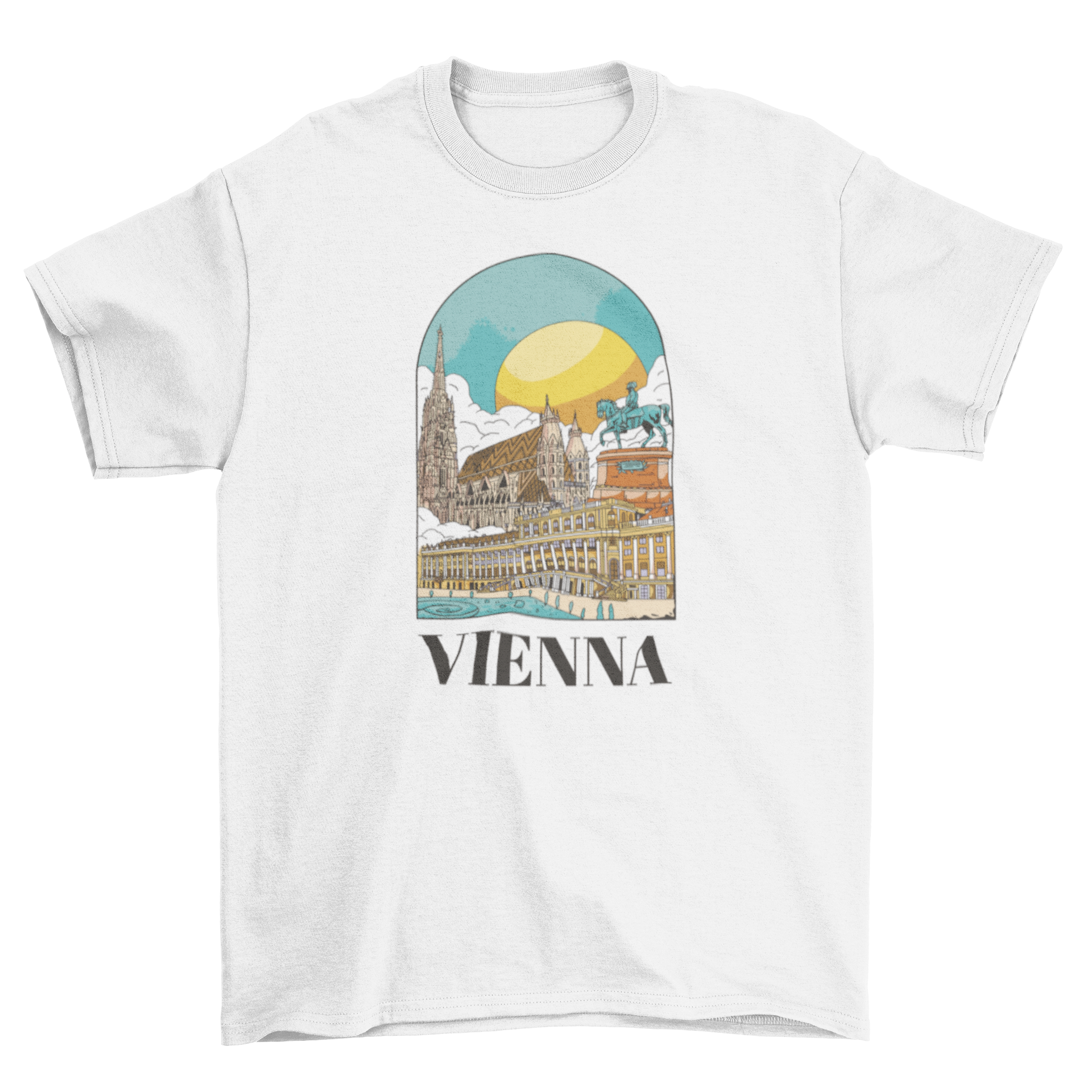 A stylish t-shirt featuring a detailed landscape design of Vienna, showcasing its iconic skyline and landmarks.