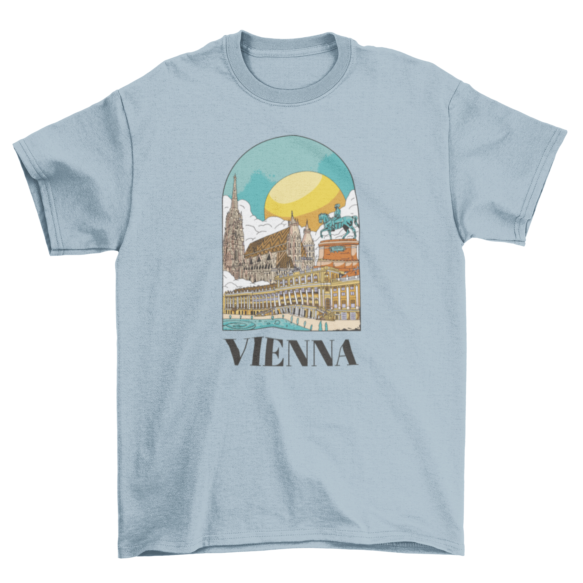 A stylish t-shirt featuring a detailed landscape design of Vienna, showcasing its iconic skyline and landmarks.