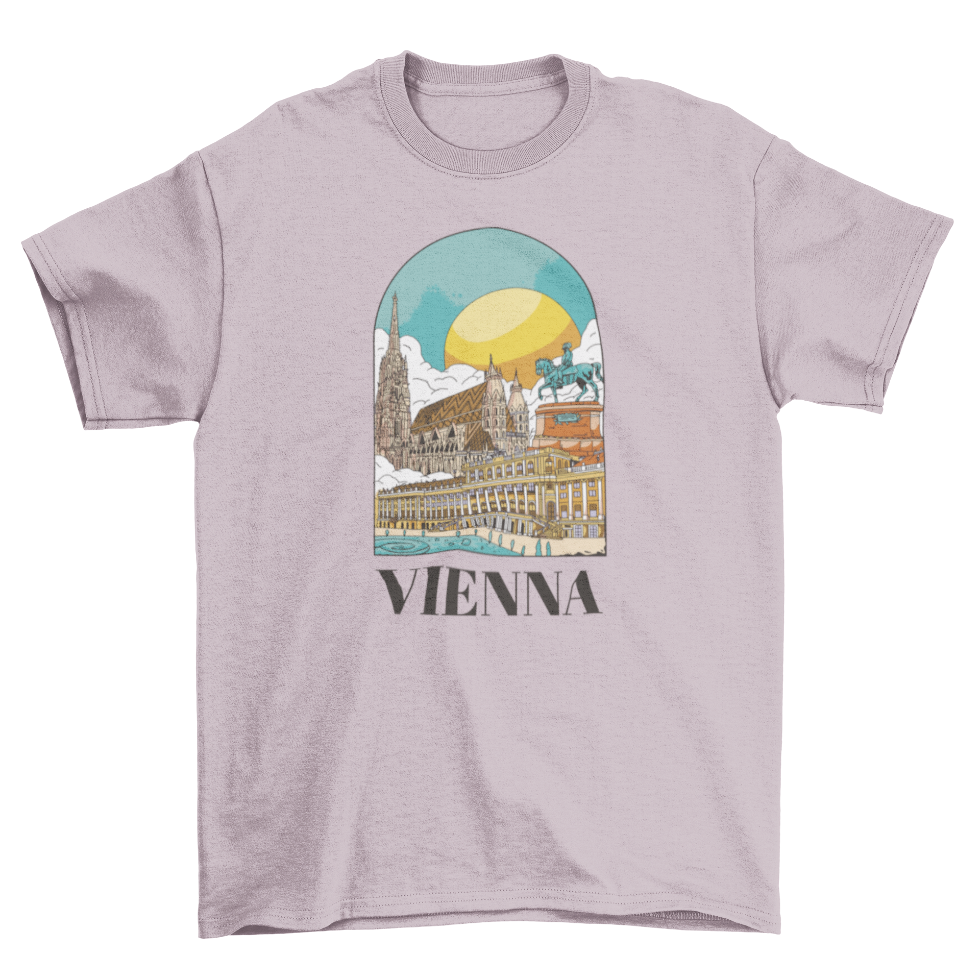 A stylish t-shirt featuring a detailed landscape design of Vienna, showcasing its iconic skyline and landmarks.