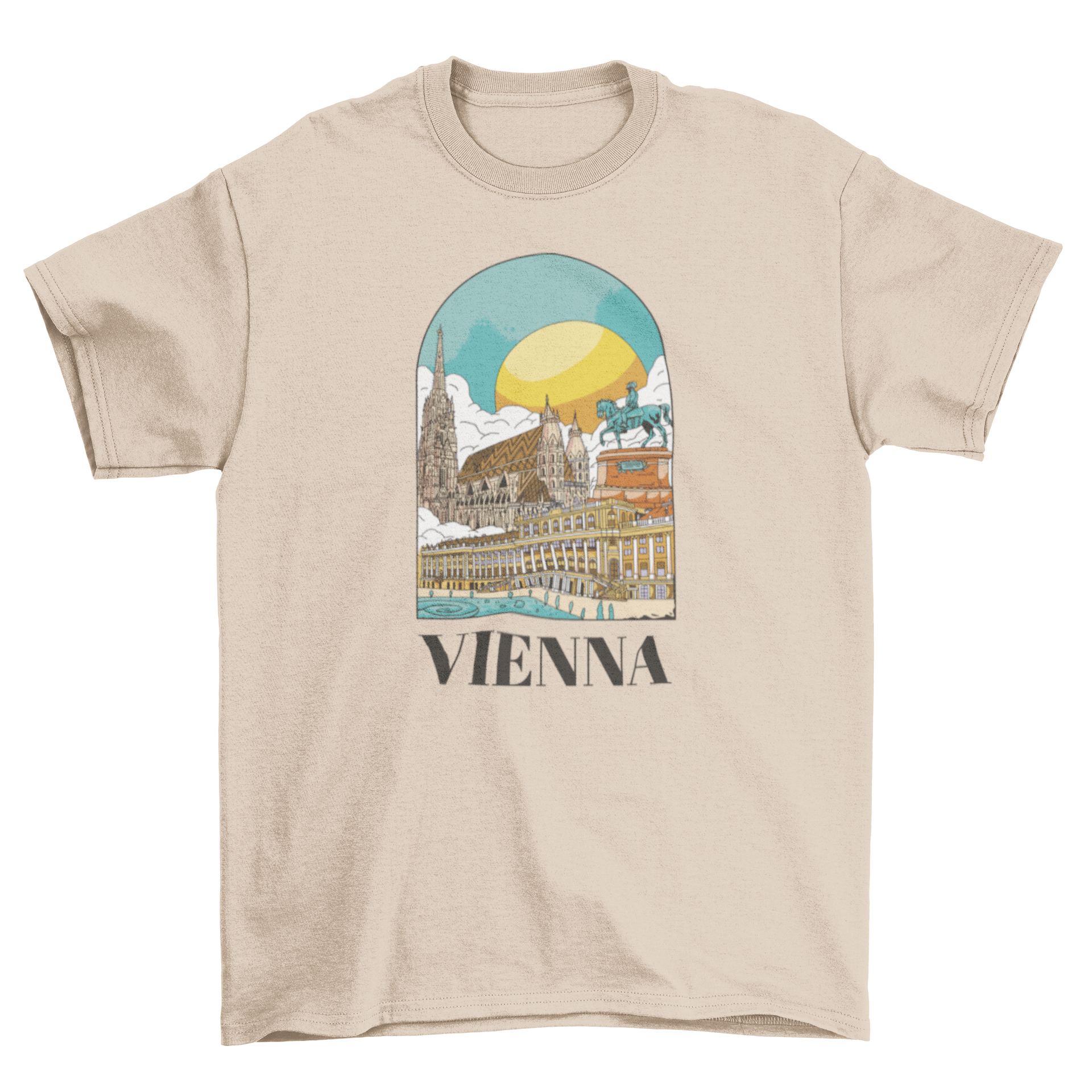 A stylish t-shirt featuring a detailed landscape design of Vienna, showcasing its iconic skyline and landmarks.