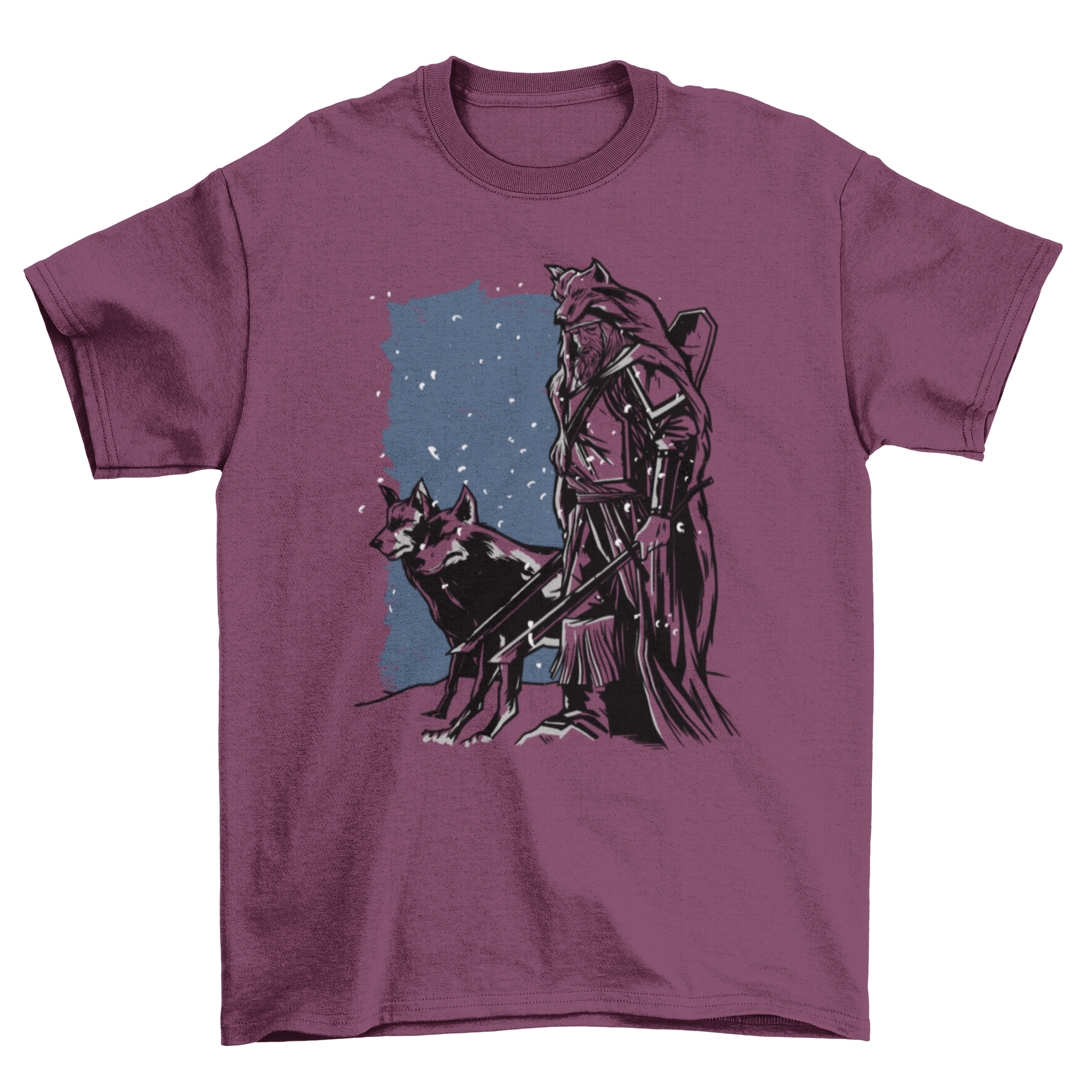 A stylish t-shirt featuring a hand-drawn Viking holding two swords with two wolves beside him, showcasing strength and adventure.