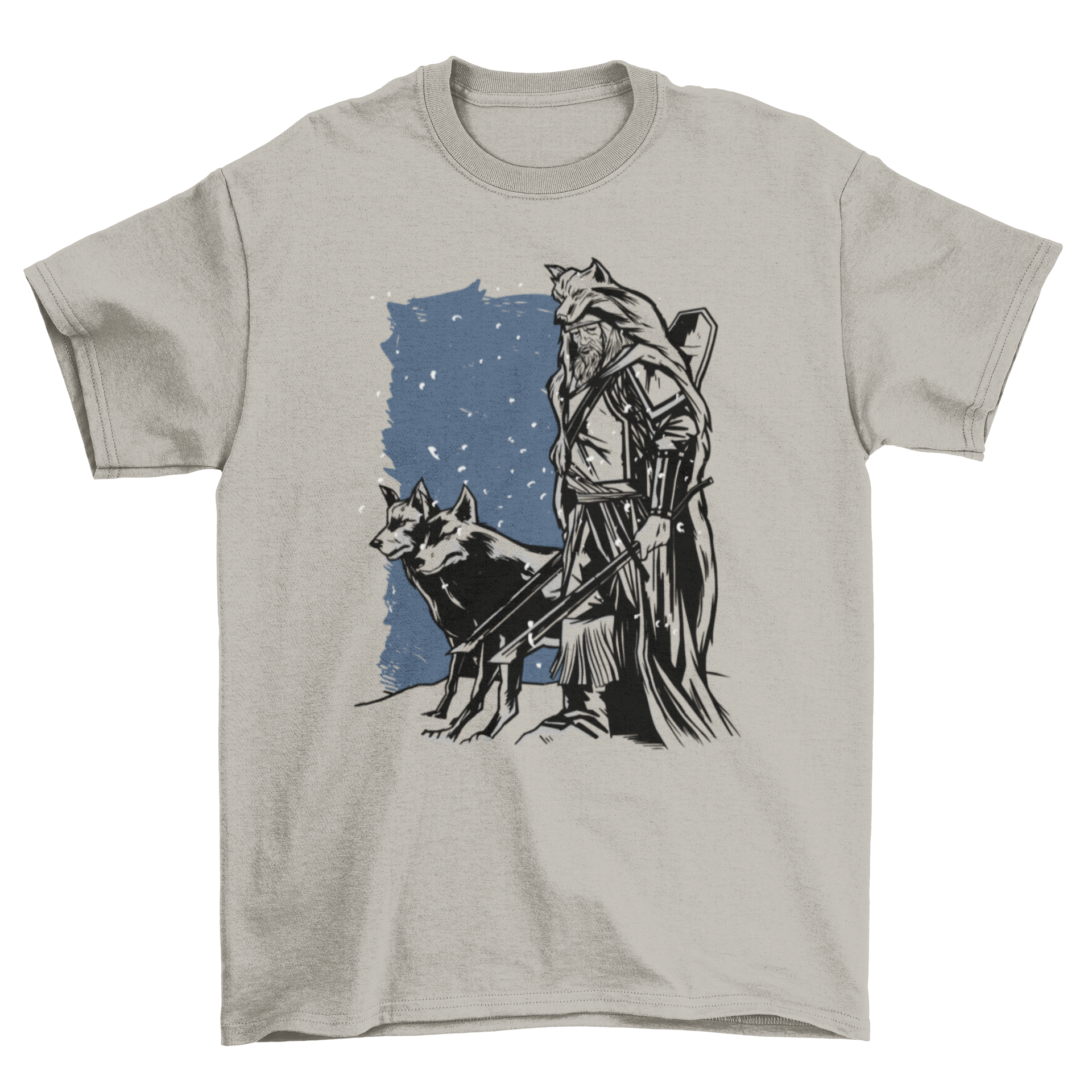 A stylish t-shirt featuring a hand-drawn Viking holding two swords with two wolves beside him, showcasing strength and adventure.