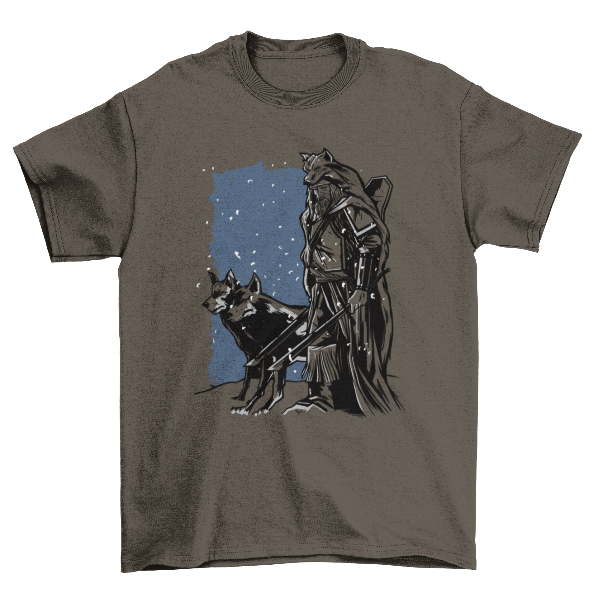 A stylish t-shirt featuring a hand-drawn Viking holding two swords with two wolves beside him, showcasing strength and adventure.