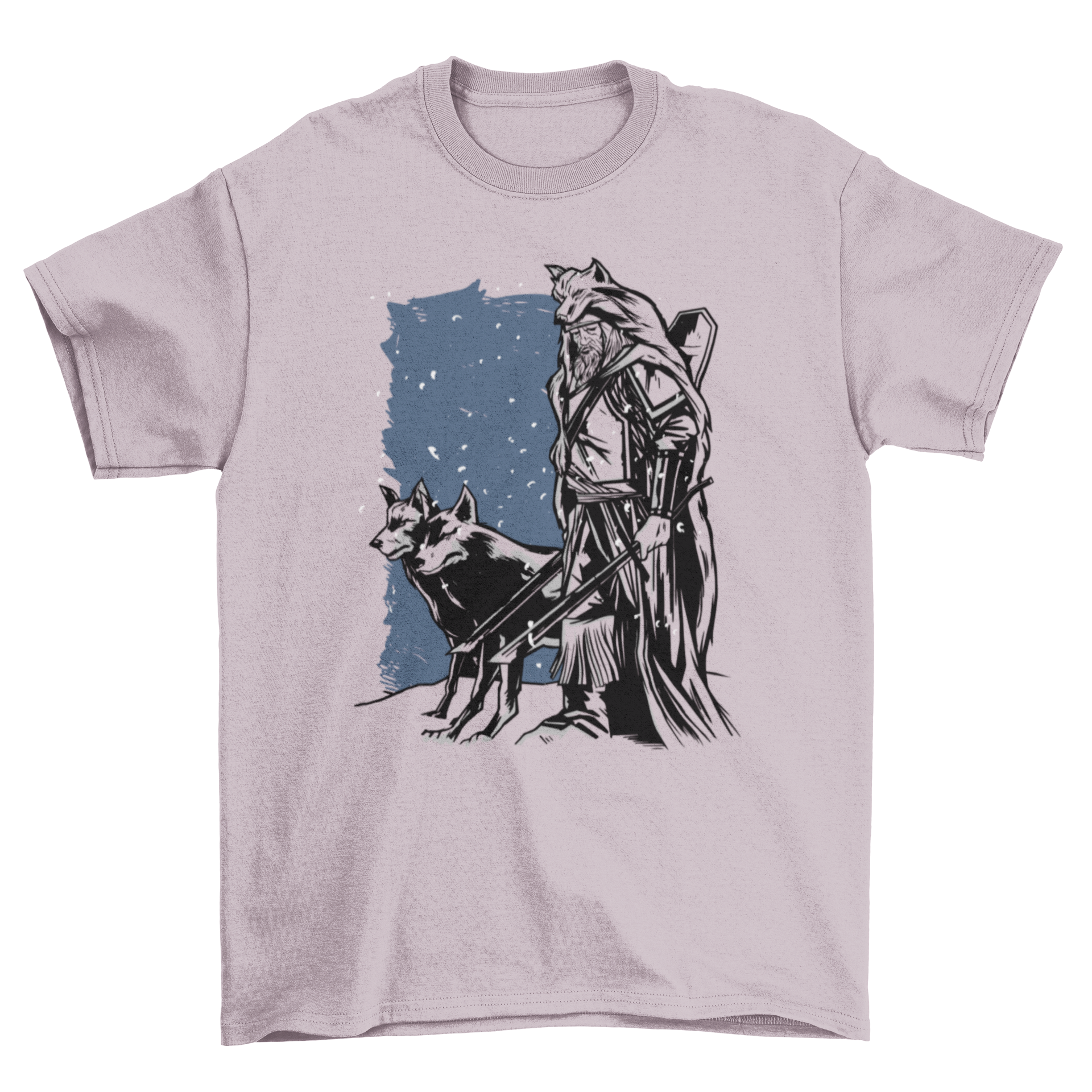 A stylish t-shirt featuring a hand-drawn Viking holding two swords with two wolves beside him, showcasing strength and adventure.