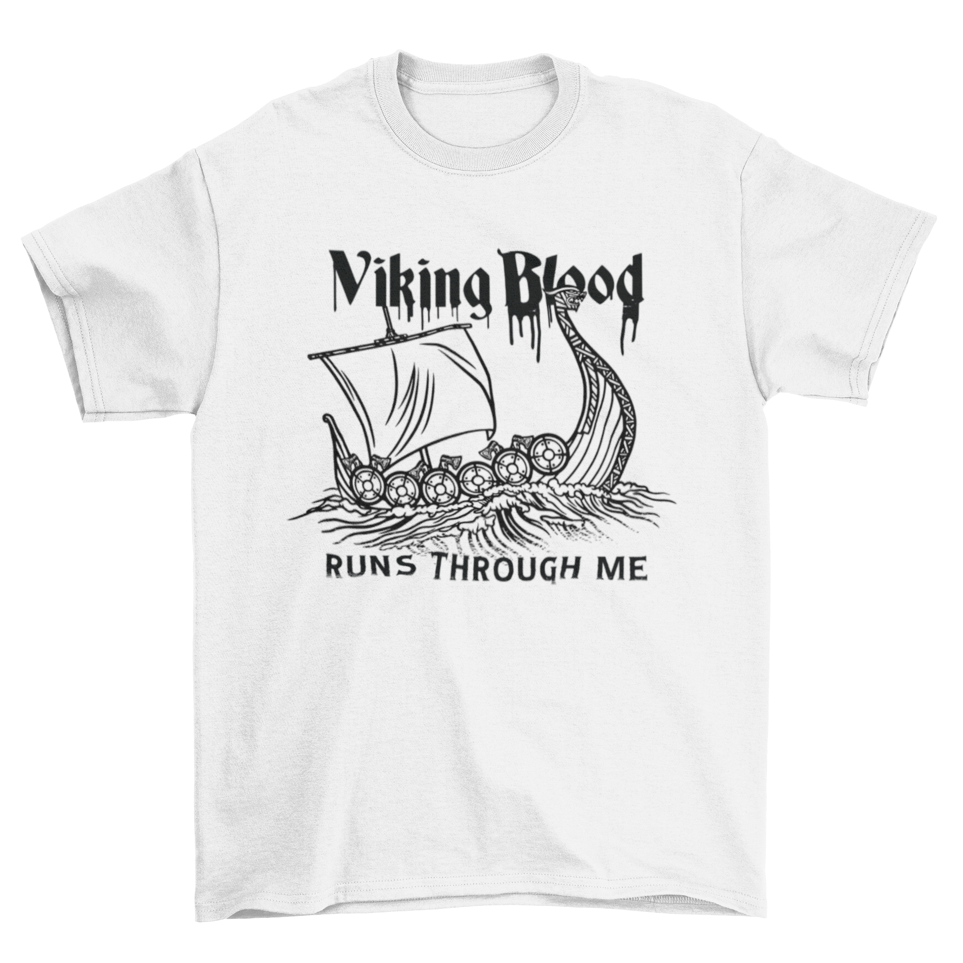 A stylish Viking blood t-shirt featuring a detailed Viking ship graphic and the quote 'Viking blood runs through me'.