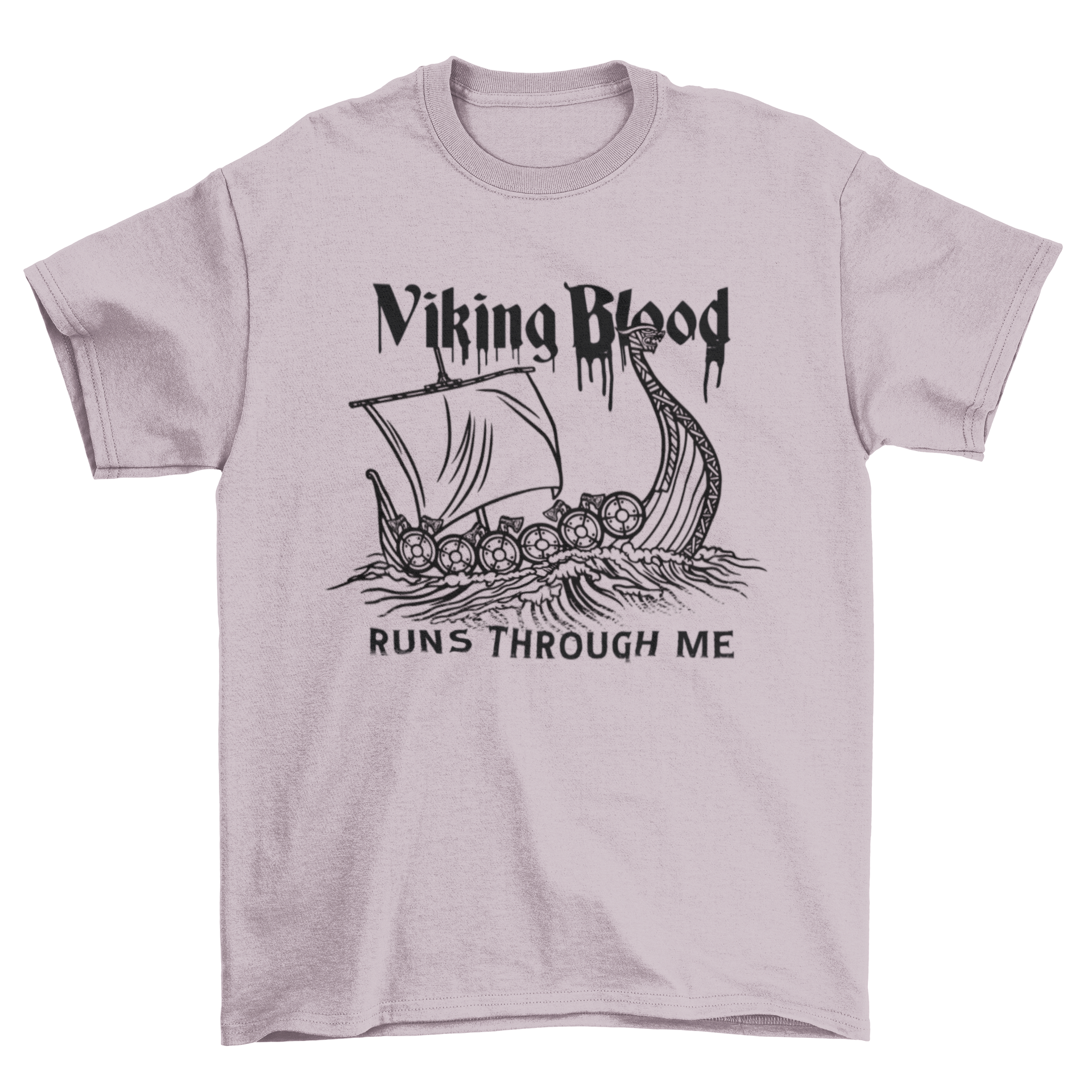 A stylish Viking blood t-shirt featuring a detailed Viking ship graphic and the quote 'Viking blood runs through me'.