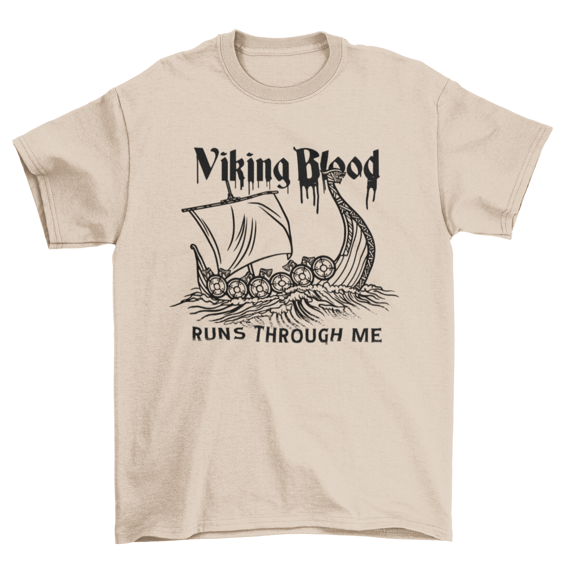 A stylish Viking blood t-shirt featuring a detailed Viking ship graphic and the quote 'Viking blood runs through me'.