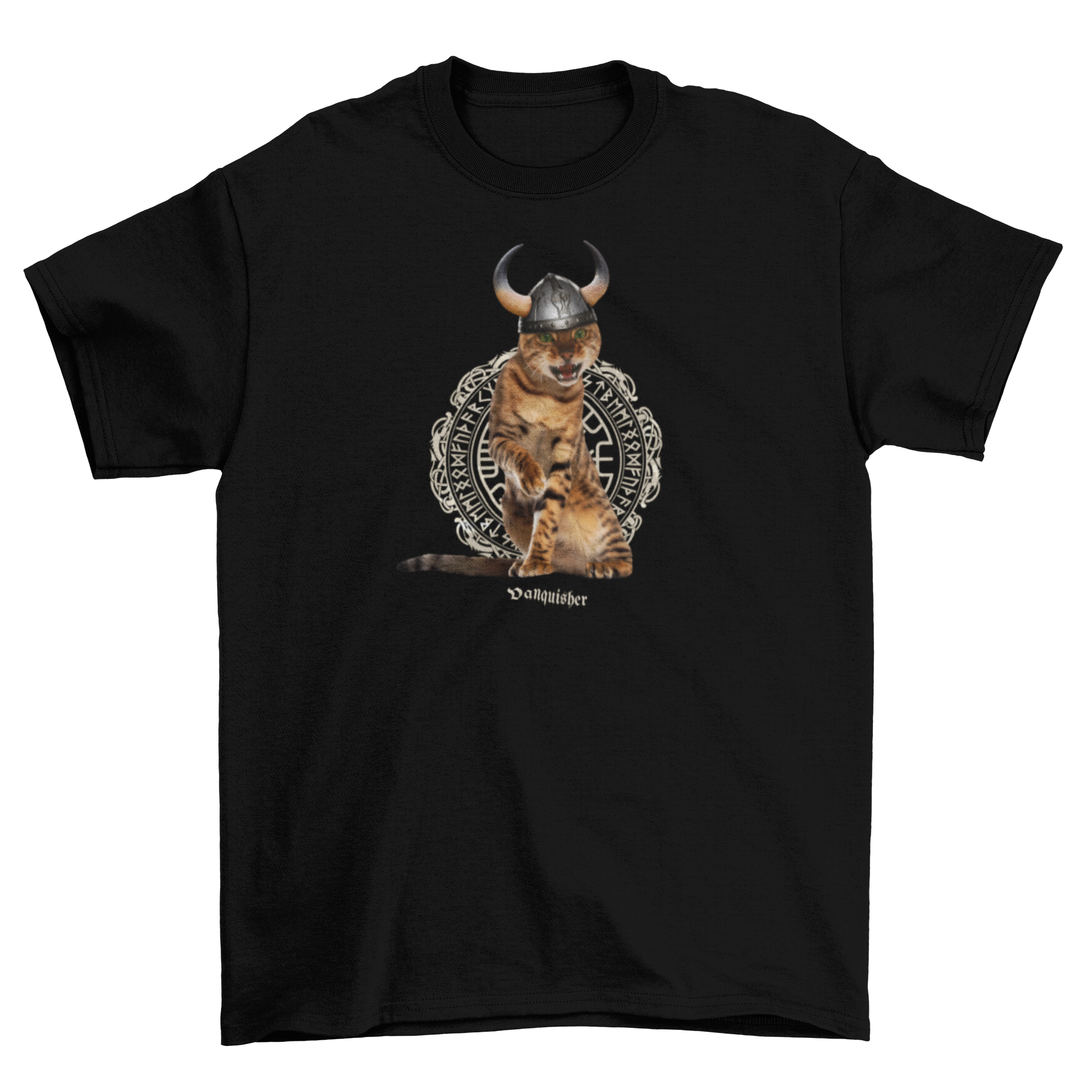 Viking cat PSD t-shirt featuring a detailed photographic design of a cat dressed as a Viking.