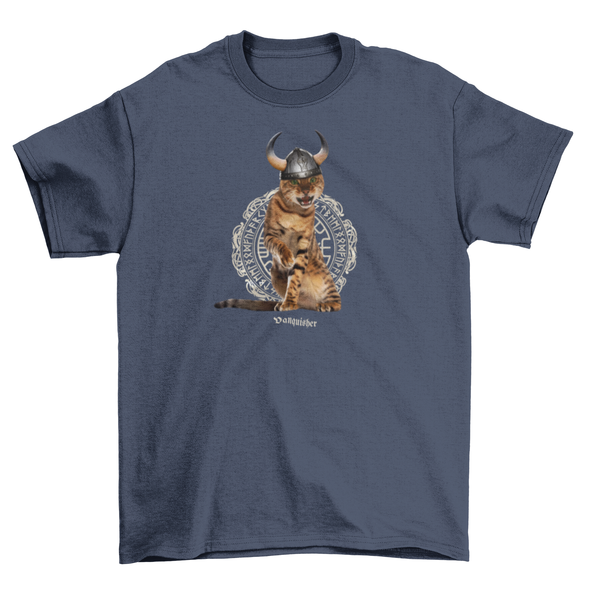 Viking cat PSD t-shirt featuring a detailed photographic design of a cat dressed as a Viking.