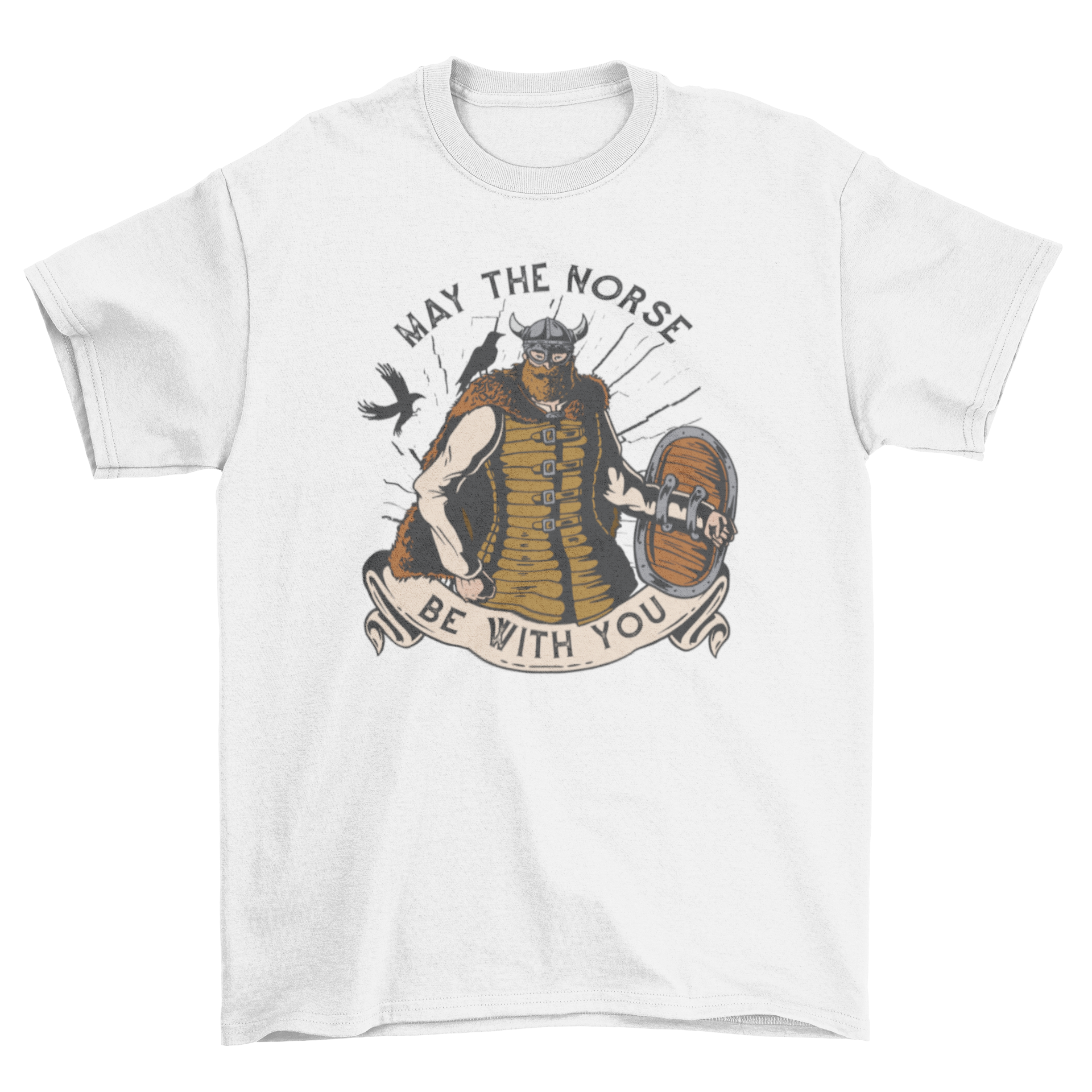 A stylish t-shirt featuring a Viking character with a shield and the quote 'May the Norse be with you' in bold lettering.