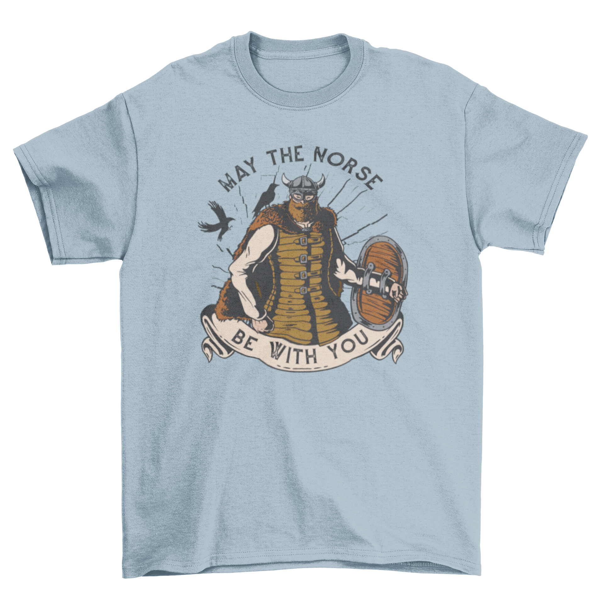 A stylish t-shirt featuring a Viking character with a shield and the quote 'May the Norse be with you' in bold lettering.