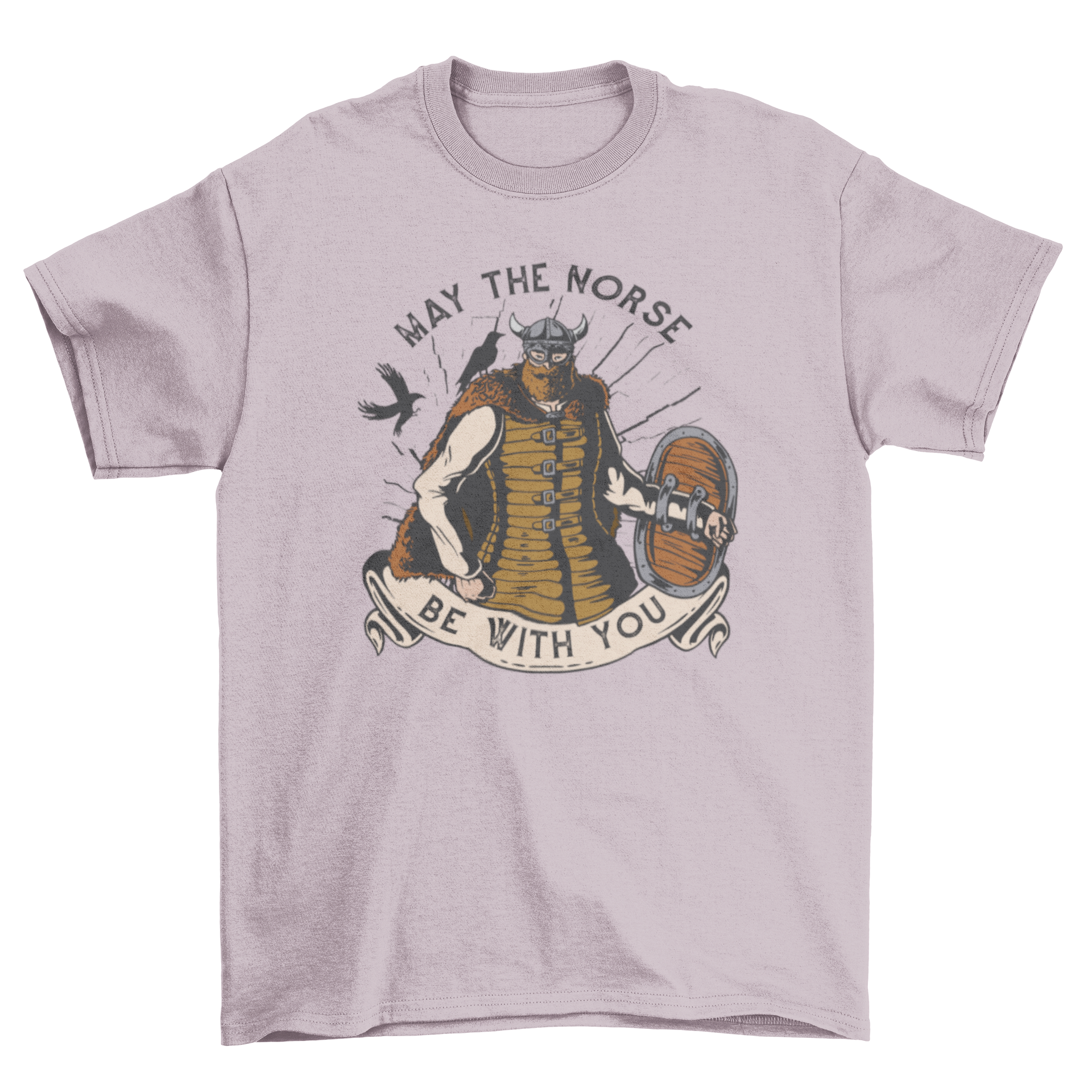 A stylish t-shirt featuring a Viking character with a shield and the quote 'May the Norse be with you' in bold lettering.