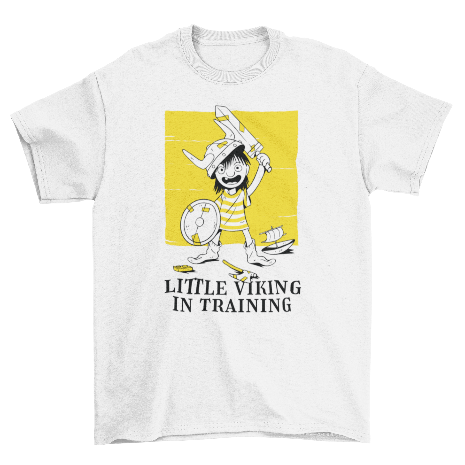 A cute t-shirt featuring a child dressed as a Viking with a sword, helmet, and shield, alongside the quote 'Little Viking in Training'.