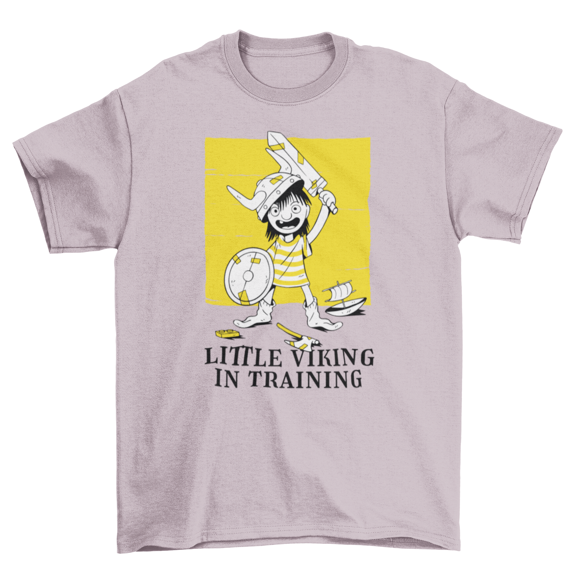 A cute t-shirt featuring a child dressed as a Viking with a sword, helmet, and shield, alongside the quote 'Little Viking in Training'.