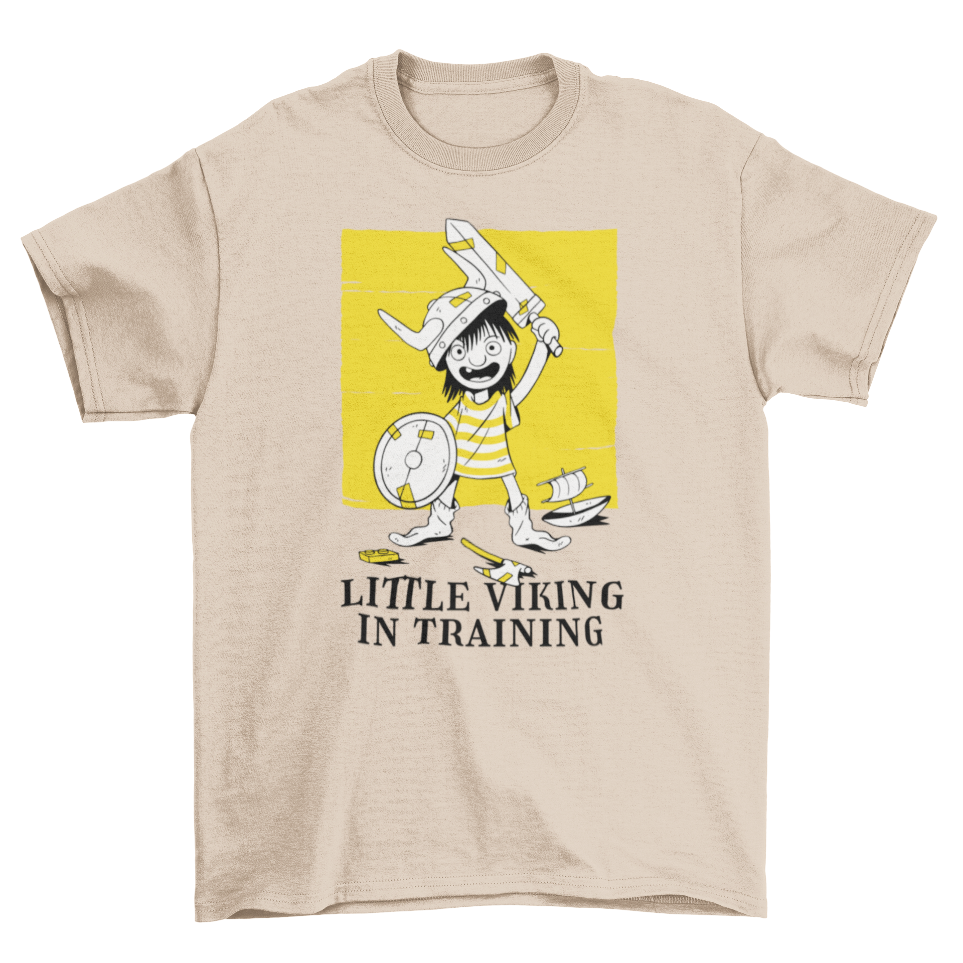 A cute t-shirt featuring a child dressed as a Viking with a sword, helmet, and shield, alongside the quote 'Little Viking in Training'.