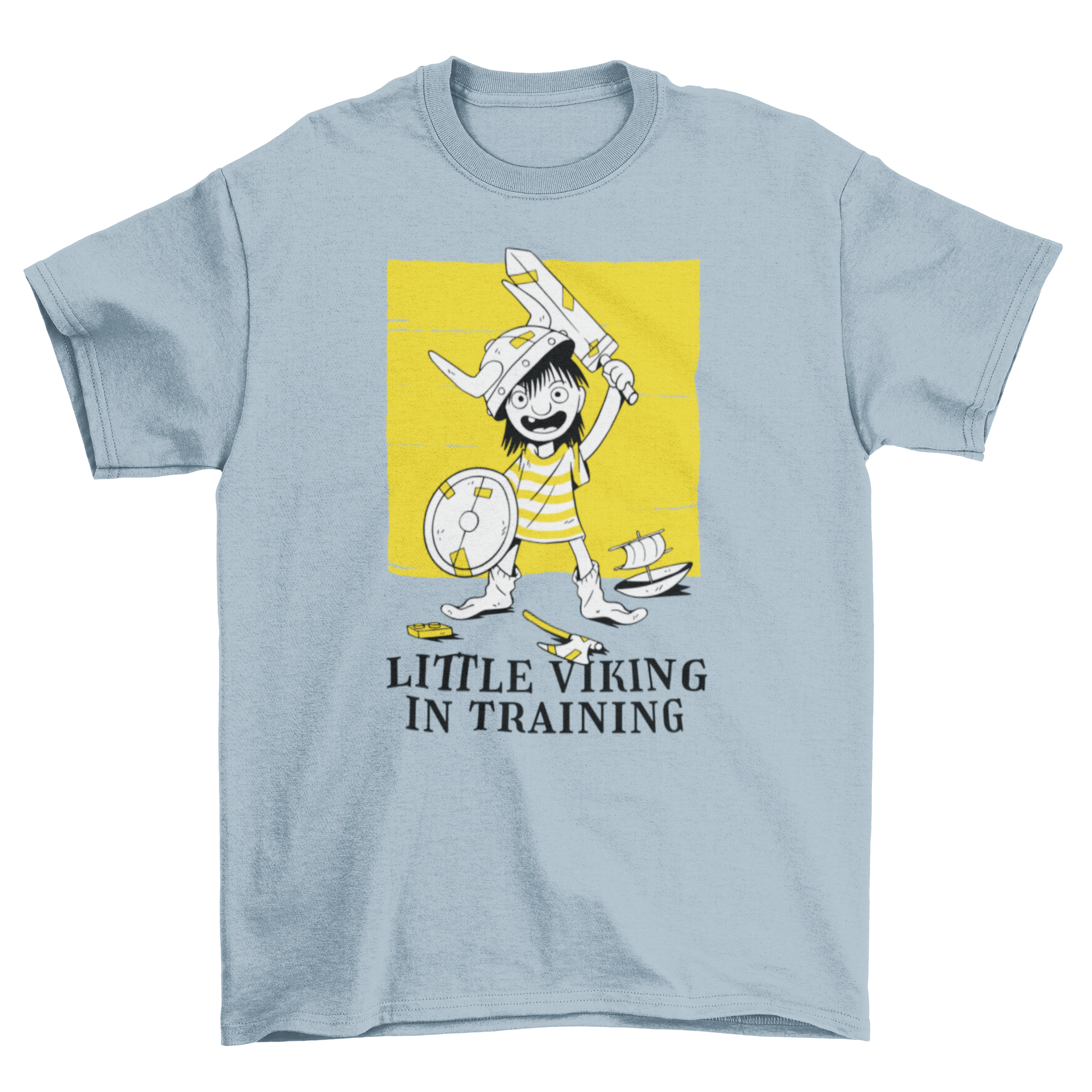 A cute t-shirt featuring a child dressed as a Viking with a sword, helmet, and shield, alongside the quote 'Little Viking in Training'.