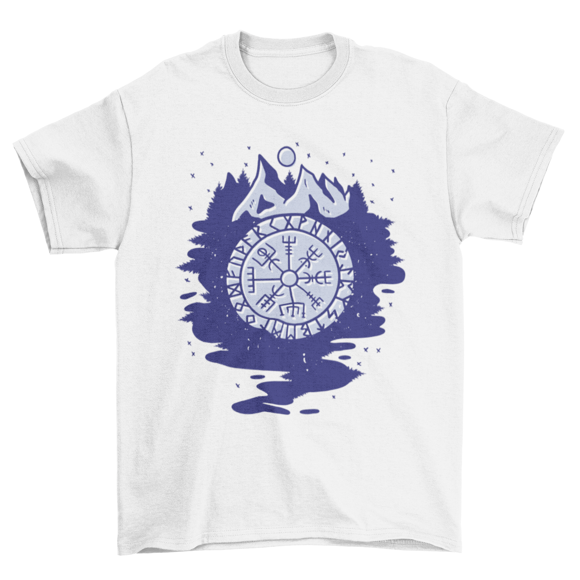 Viking Compass T-shirt featuring intricate Viking symbols, mountains, and a moon design.