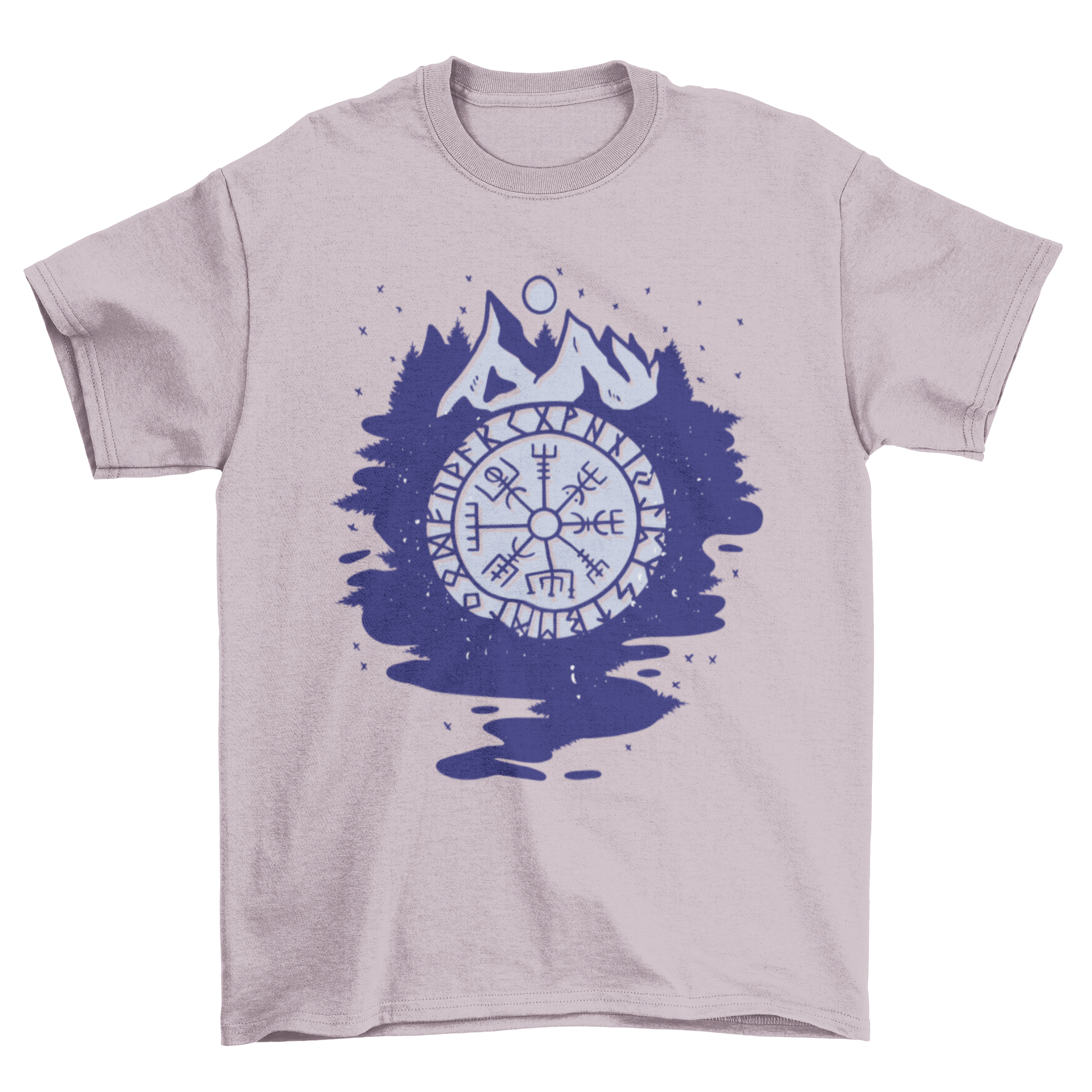 Viking Compass T-shirt featuring intricate Viking symbols, mountains, and a moon design.