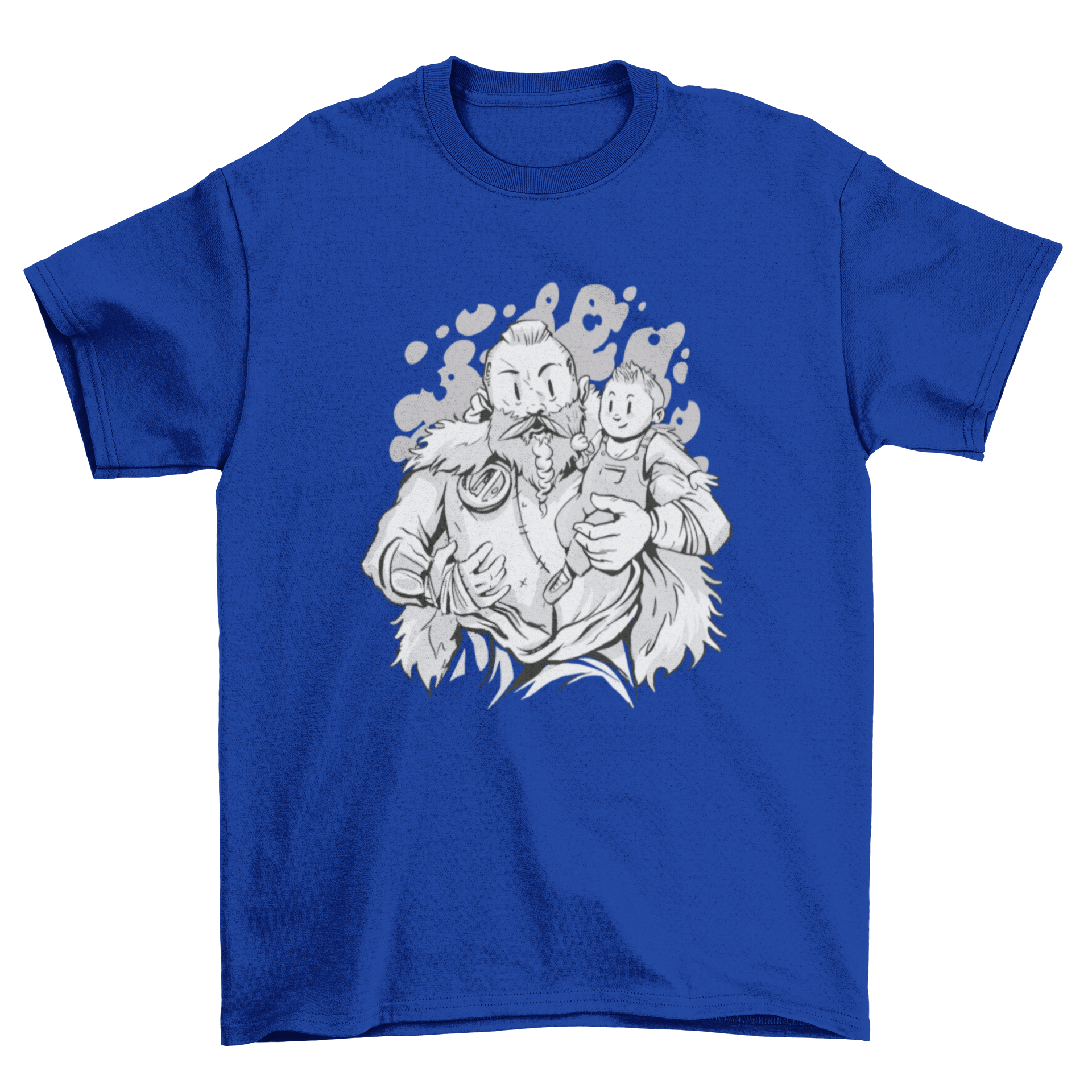 A Viking father holding a baby, featured on a stylish t-shirt design.