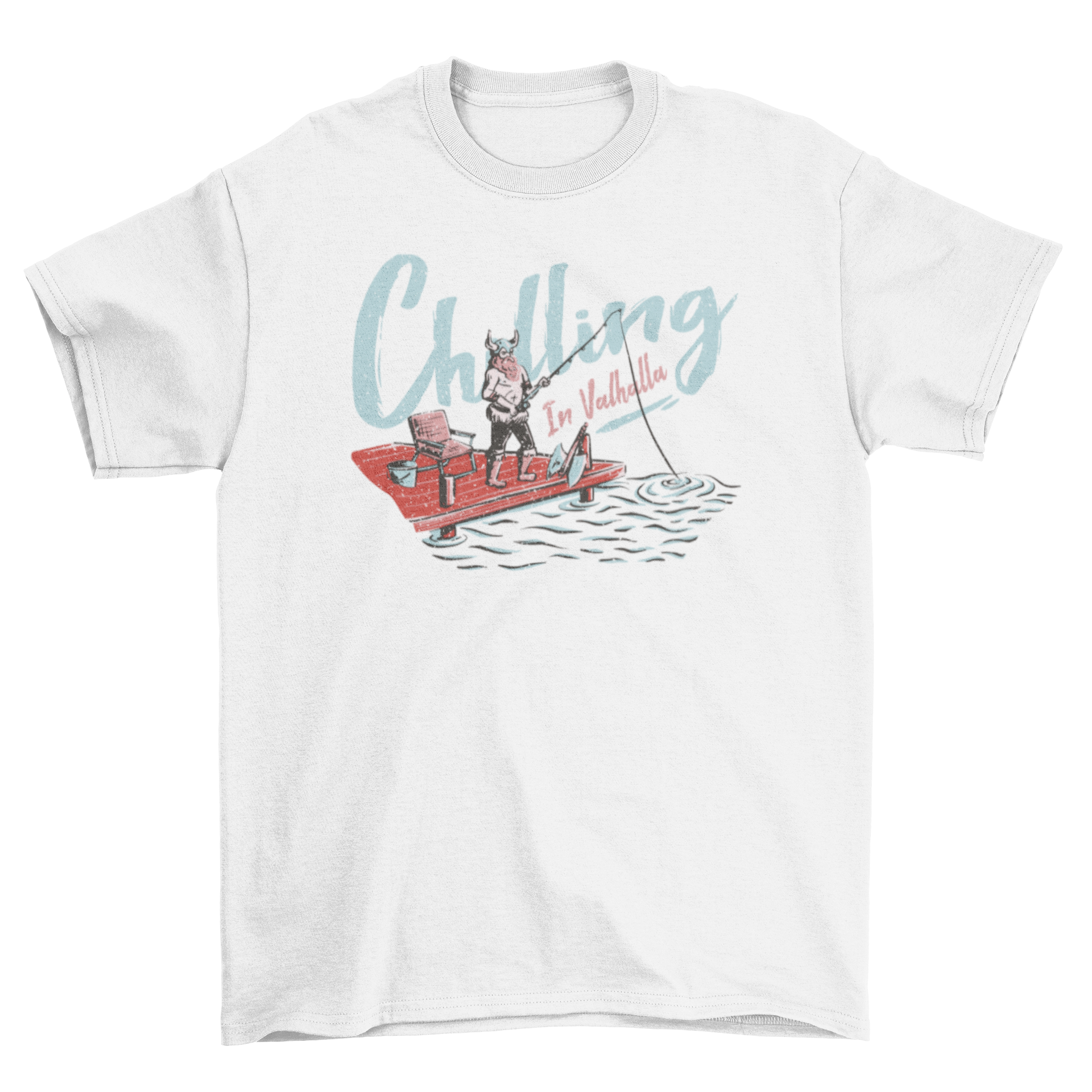 A humorous Viking fishing t-shirt featuring a Viking character and the quote 'Chilling in Valhalla'.