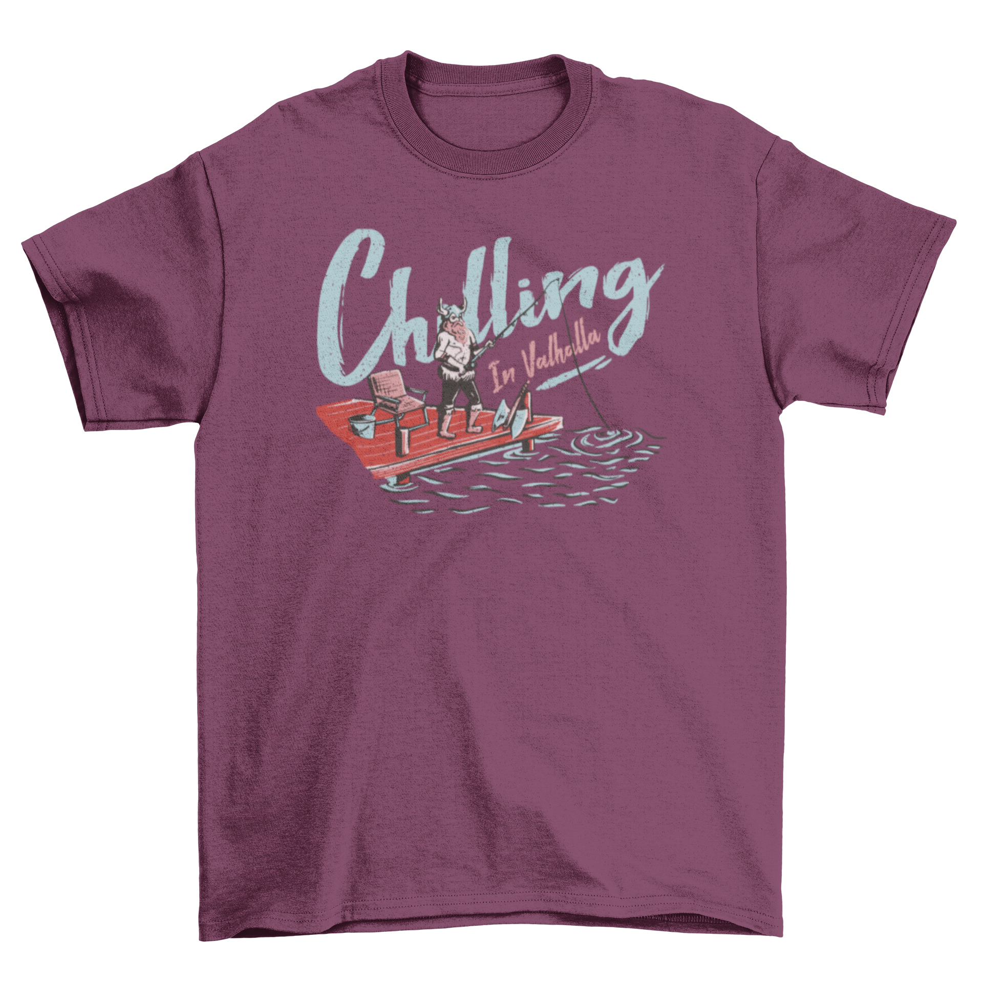 A humorous Viking fishing t-shirt featuring a Viking character and the quote 'Chilling in Valhalla'.