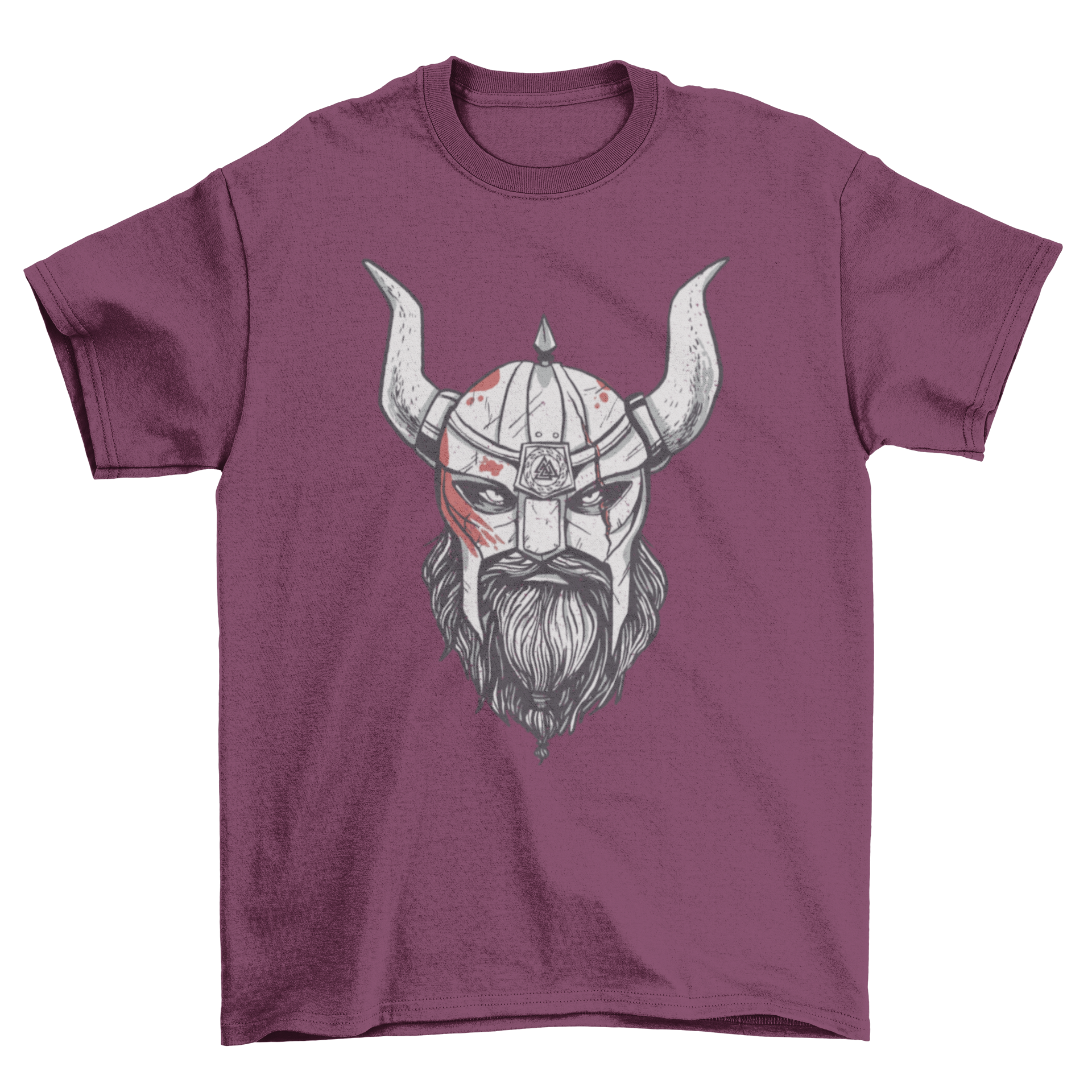 A hand-drawn Viking wearing a bloodstained helmet with horns, featured on a stylish t-shirt.