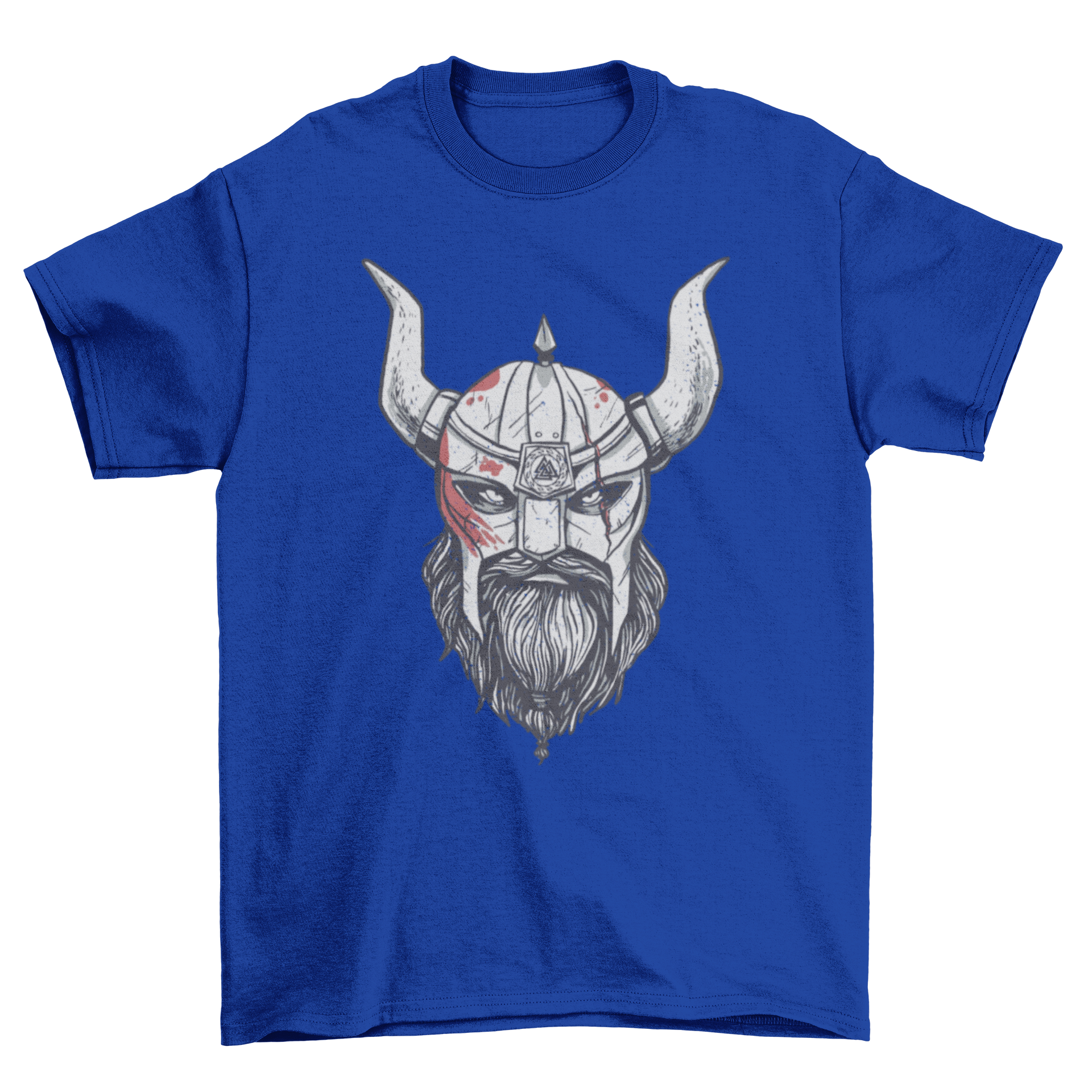 A hand-drawn Viking wearing a bloodstained helmet with horns, featured on a stylish t-shirt.