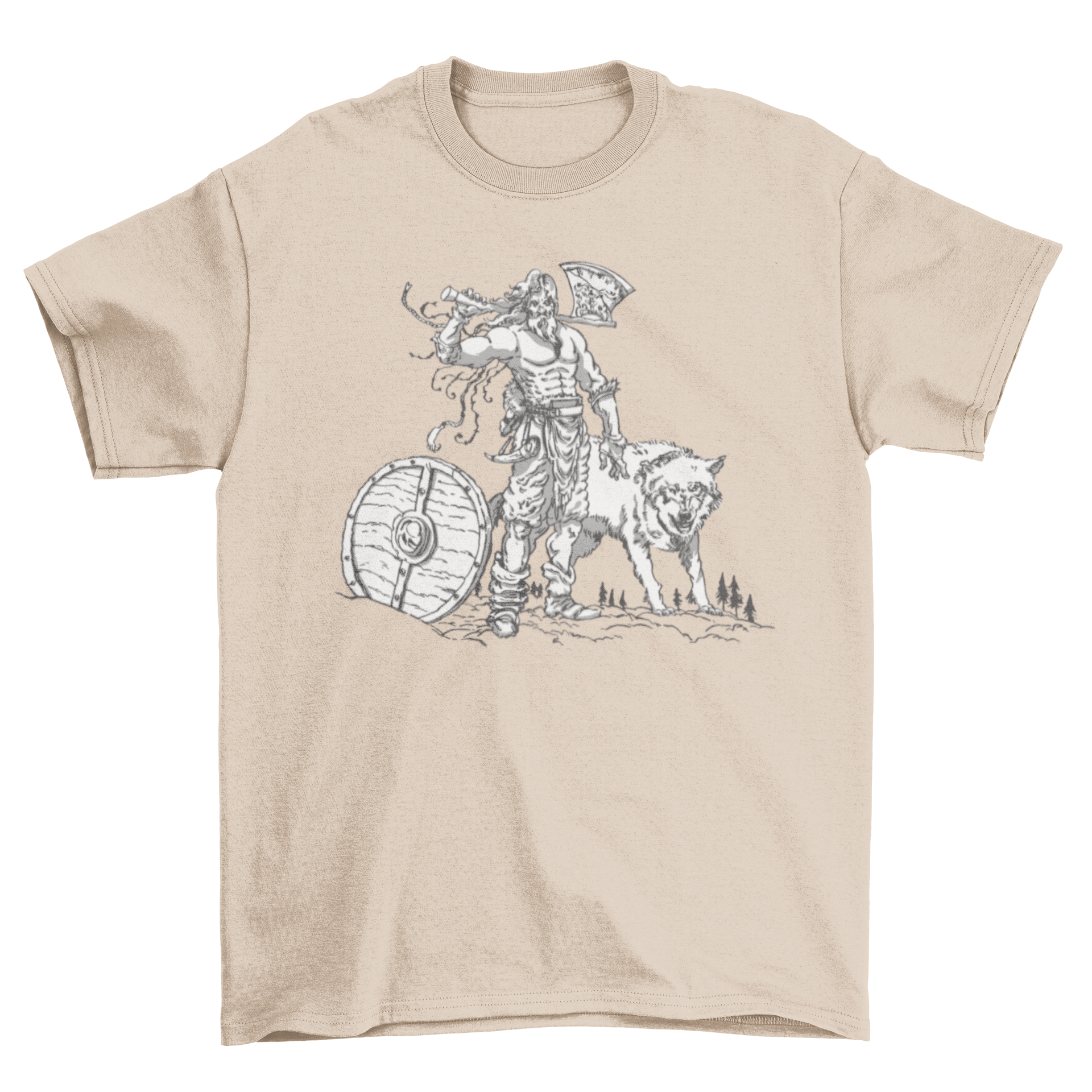 A stylish t-shirt featuring a Viking man with a shield and axe alongside a fierce wolf, showcasing Norse mythology.