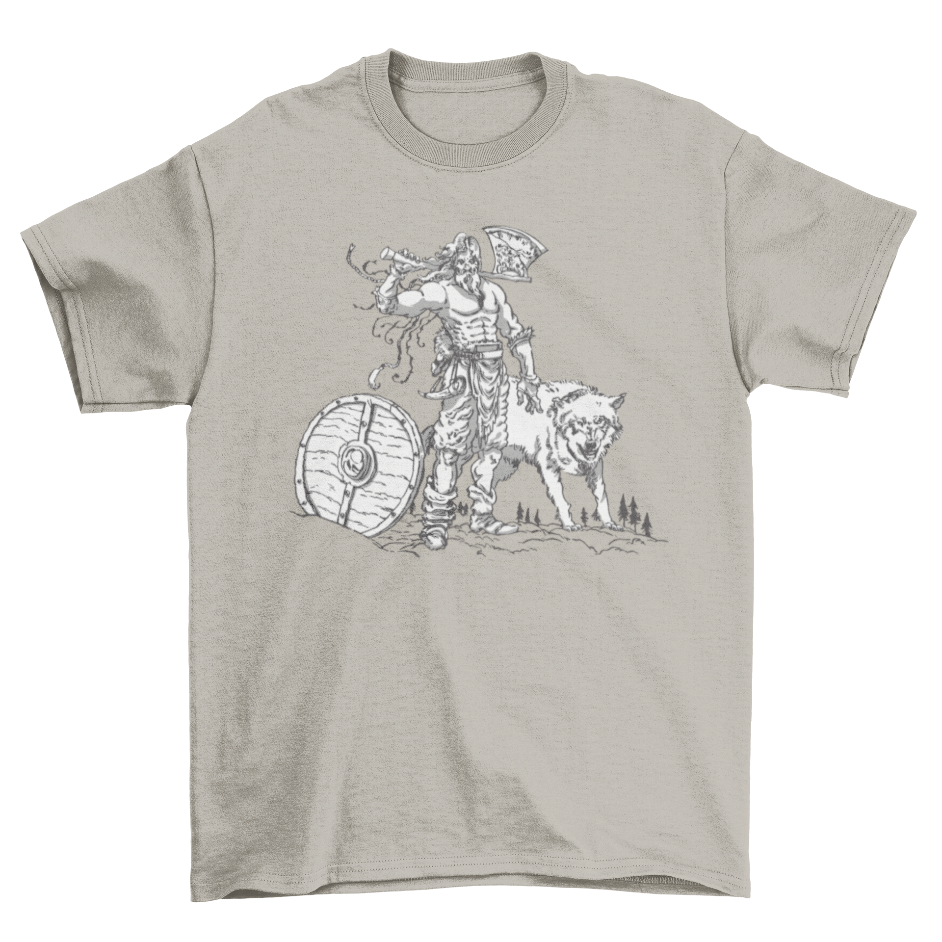 A stylish t-shirt featuring a Viking man with a shield and axe alongside a fierce wolf, showcasing Norse mythology.