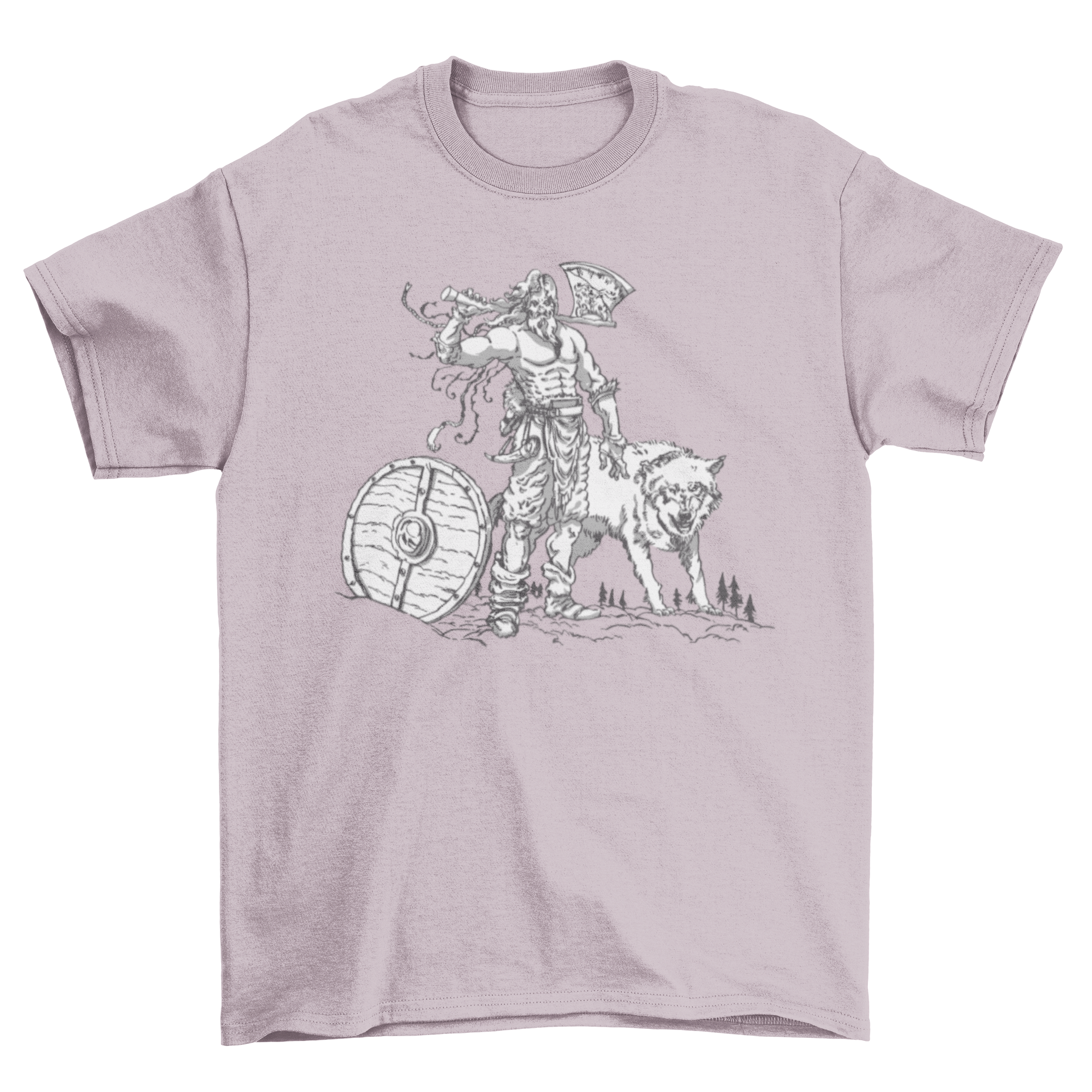 A stylish t-shirt featuring a Viking man with a shield and axe alongside a fierce wolf, showcasing Norse mythology.