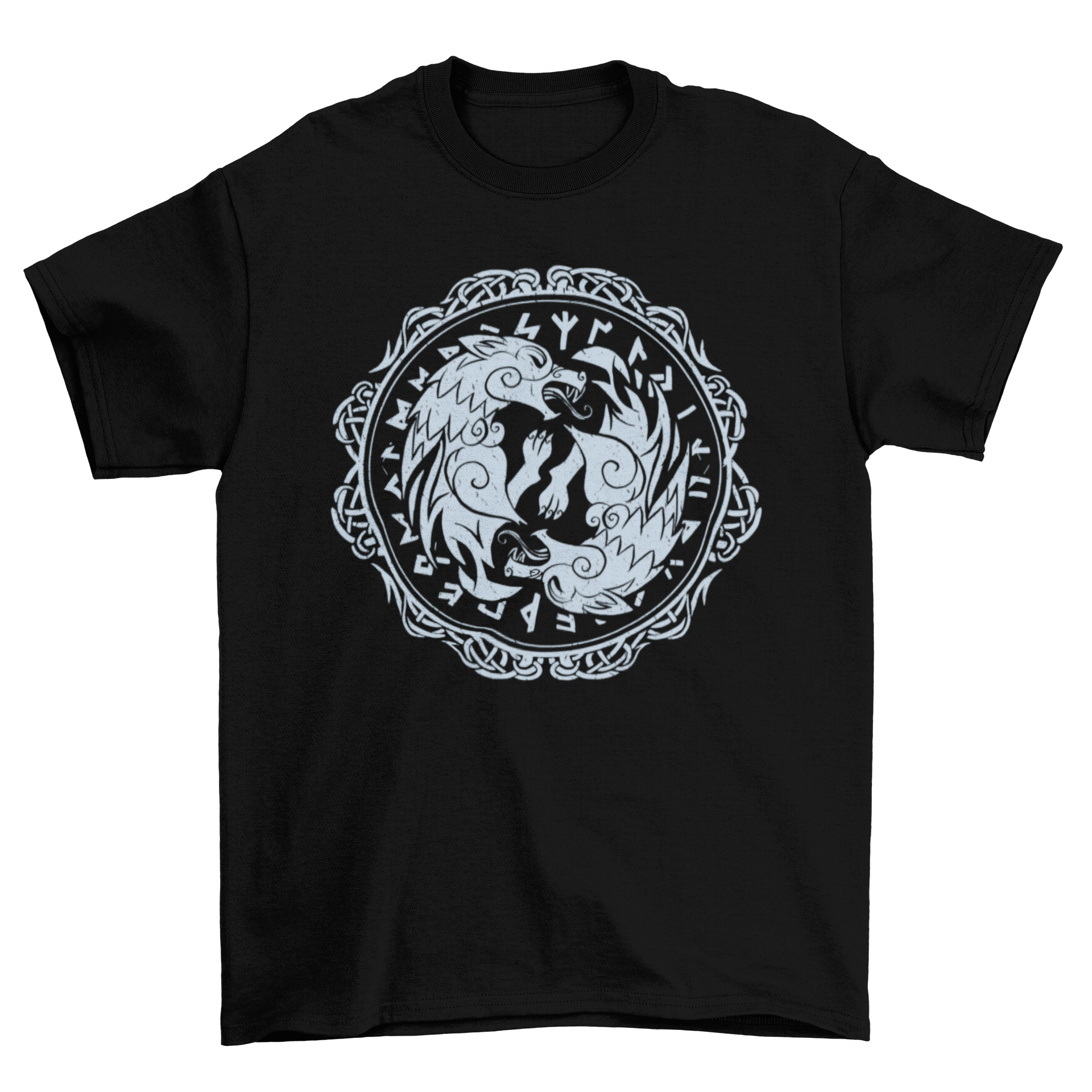 A stylish t-shirt featuring two wolves designed in Viking runes style, showcasing intricate details and cultural significance.